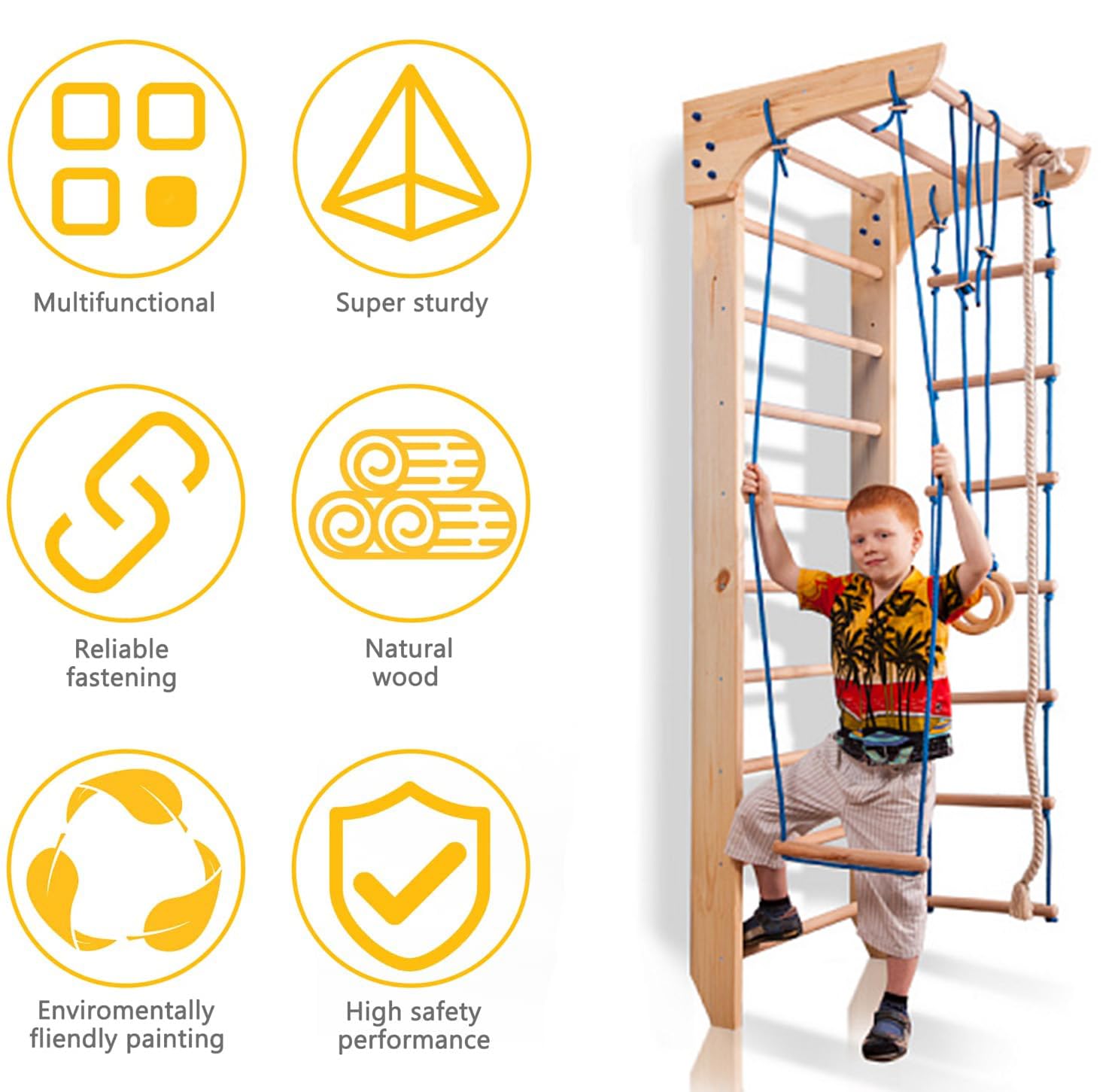 Wooden Swedish Ladder - Stall Bars Set for Physical Therapy & Gymnastics with Swing Set and Fixed Pull-up bar - Sport Complex (KN-2)