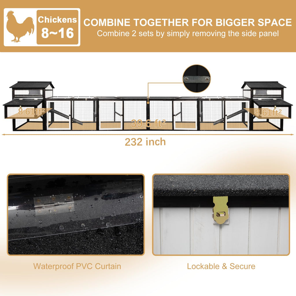 PetsCosset 116" L Large Chicken Coop and Run, Hen House with 4 Nesting Box Boxes, Rabbit Hutch Poultry Bunny Cage for 4-6 Chickens with 4 Perches, Removable Tray and Ramp and UV-Resistant Roof Panel