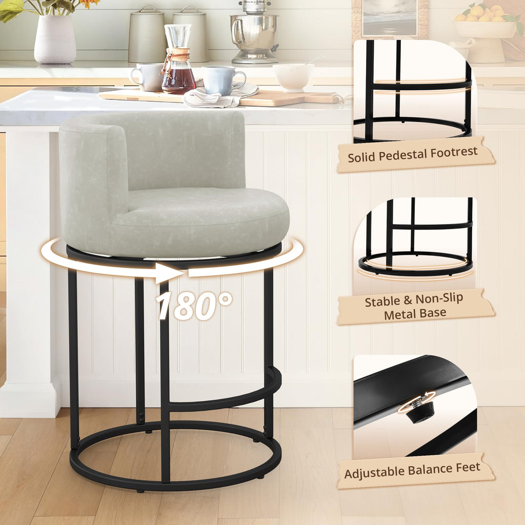 LUE BONA 26.8" Counter Height Bar Stools Set of 3, 180° Swivel Bar Stools, Modern Barrel Counter Stools with Metal Frame, Faux Leather Upholstered Barstools for Kitchen Island, Light Beige Gray