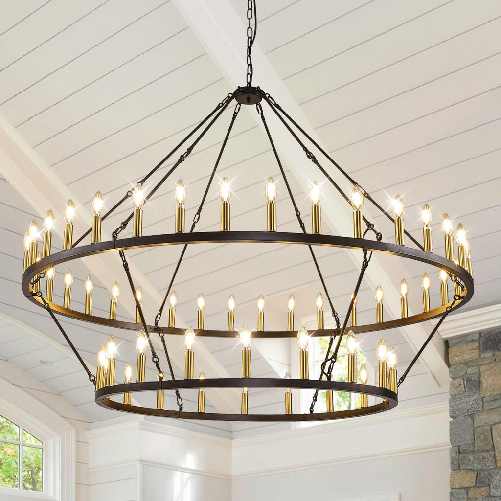 WJShome 60" Wagon Wheel Chandelier, 2 Tiers 54-Light Large Farmhouse Foyer Chandelier for High Ceilings, Round Black and Gold Pendant Light Fixture, for Entryway, Dining Room, Staircase
