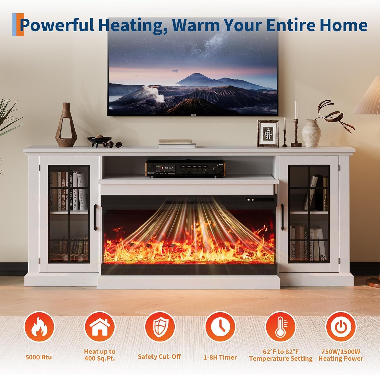 Fireplace TV Stand with 3-Sided Glass, Adjustable LED Flame, 12 Flame and Log Colors, Glass Doors and Storage Shelves, Modern Farmhouse Electric Fireplace Entertainment Center for TVs Up to 85"