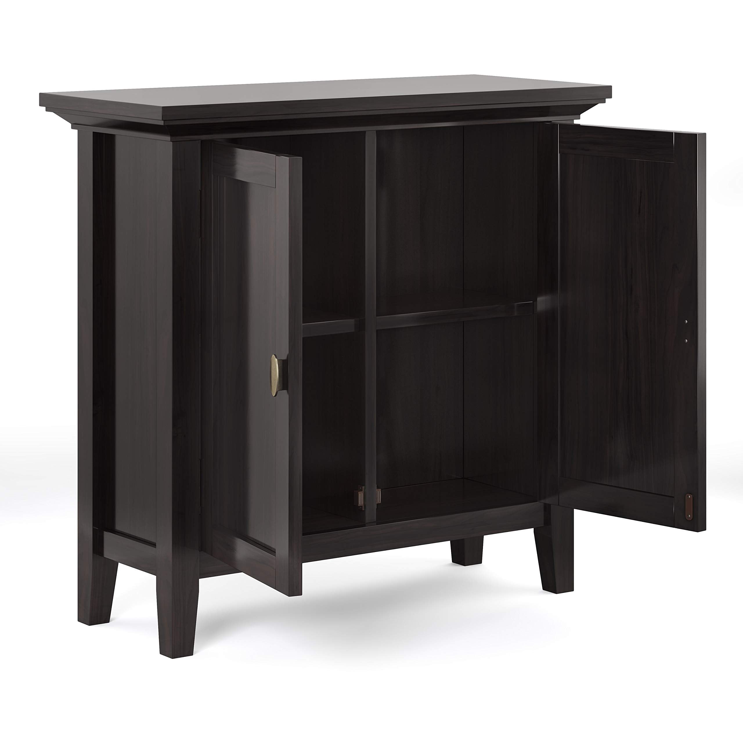 SIMPLIHOME Redmond Storage Cabinet - 32 inch Wide Solid Wood 2-Shelf Low Storage Cabinet in Hickory Brown, Transitional Accent Cabinet for Entryway with Adjustable Shelves and Tapered Legs