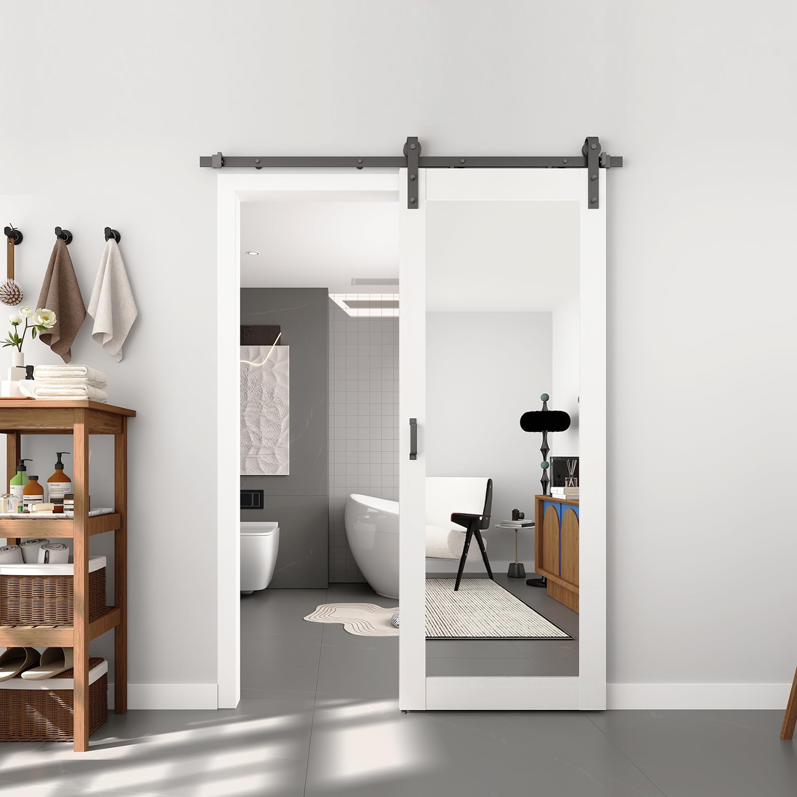 BARNSMITH 32in x 84in Mirror Barn Door with 5.5FT Sliding Door Hardware Kit Included, 1 Lites Full Length Mirror Door, Solid Wood Water-Proof PVC Surface,No Assembly Required,White
