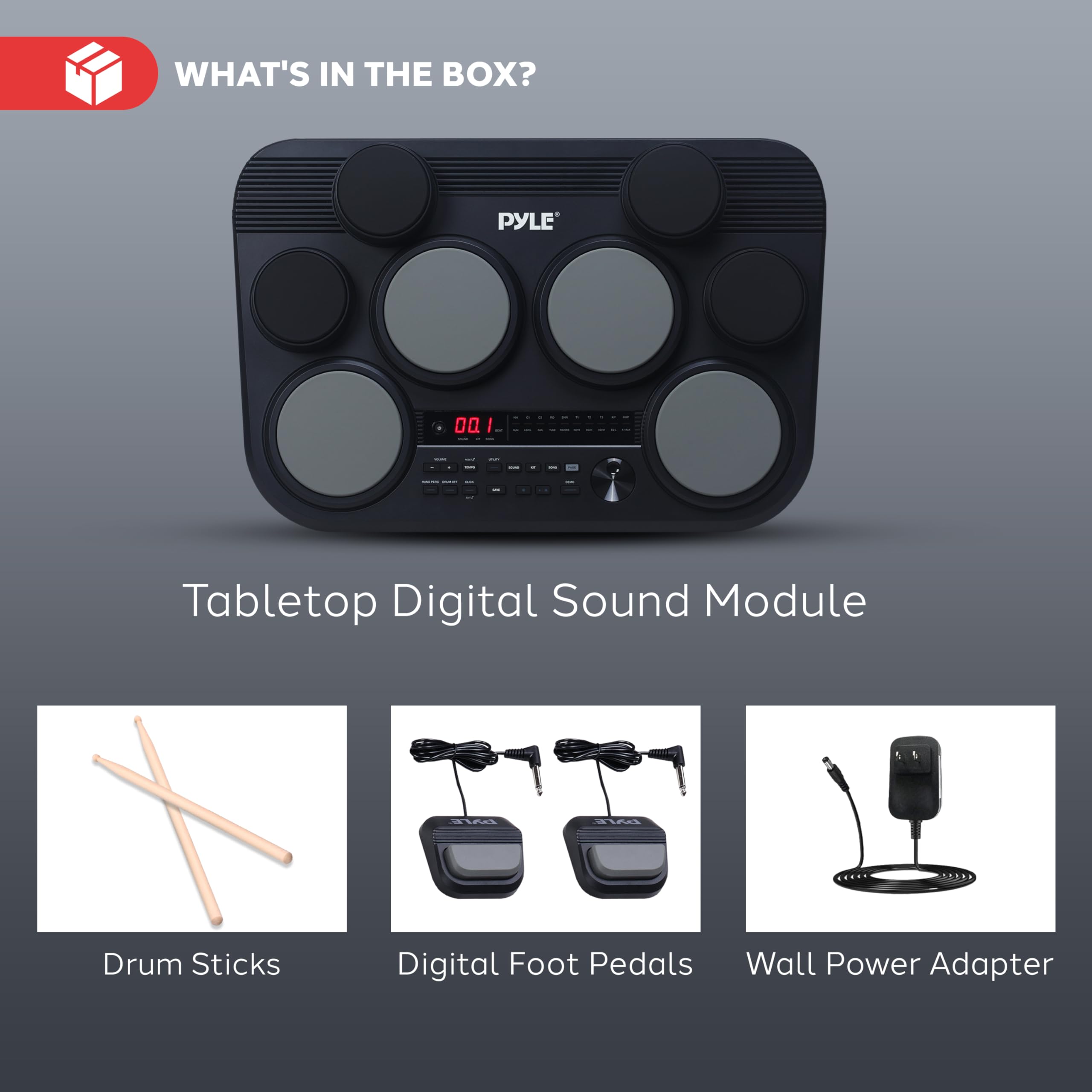 Pyle Electronic Tabletop Drum Pad Set - Compact Portable Drum Kit w/ 8 Touch Sensitive Drum Pads and Pedals, 600 Sounds, USB & Headphone Outputs, MIDI/AUX Inputs - 80 Preloaded Kits (Black)