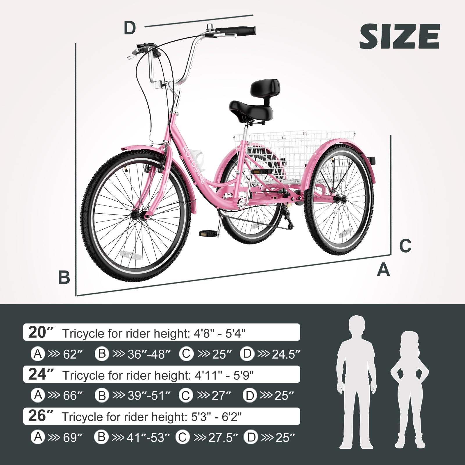 ABORON Adults Tricycle, 3 Wheels Bike for Adult, Tricycle for Adults, Double-Wall Wheel Rims, Tricycle for Women Men Exercise Outdoor Sports