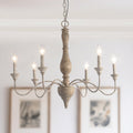 LALUZ Farmhouse Chandelier, 6-Light French Country Wood Lighting for Dining Room, Distressed Shabby Chic Chandelier, Cloud Arms in Rusty Metal Finish for Living Room, Bedroom