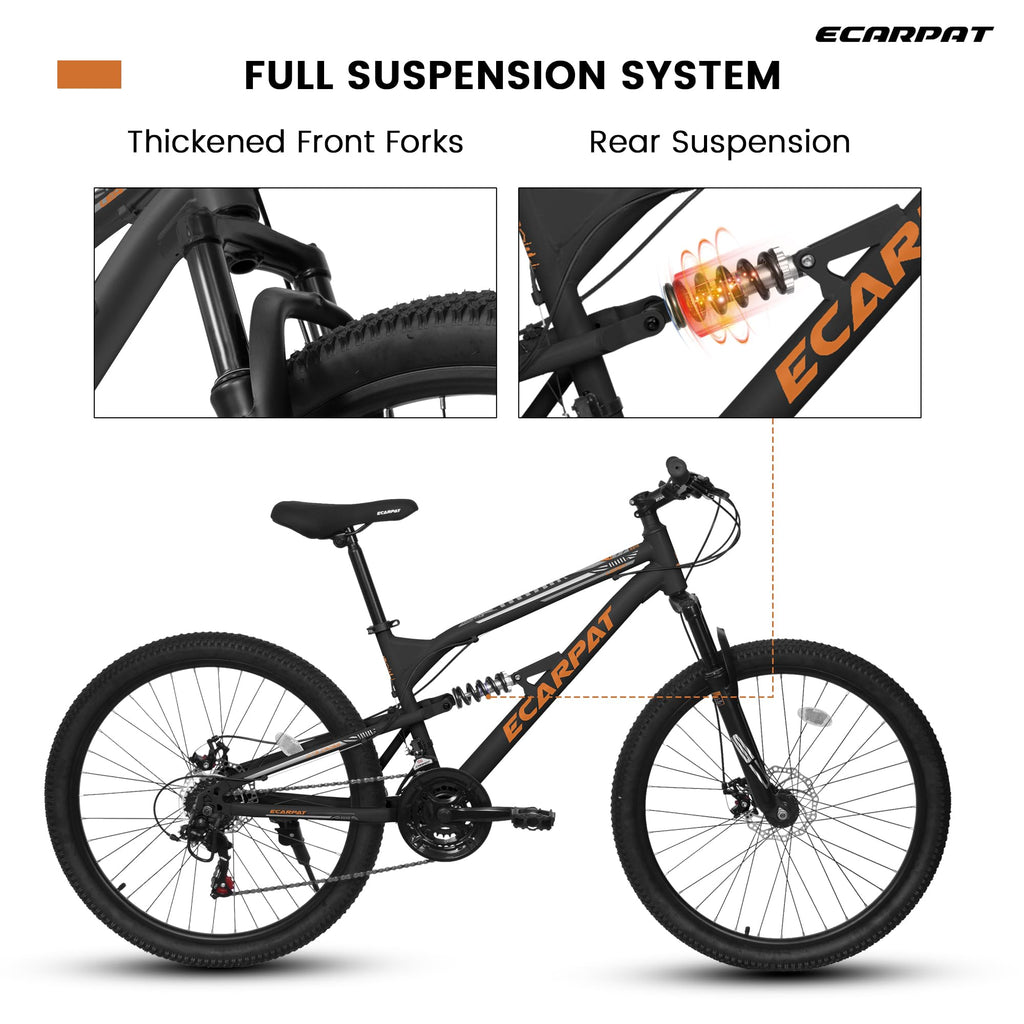 Ecarpat 24 inch Mountain Bike Full Suspension, 21 Speeds Dual Disc Brake Men Boys Bike for 10+ Years, Carbon Steel Frame, Trail Beach Snow Commuter City Bikes, Birthday Gift Choice