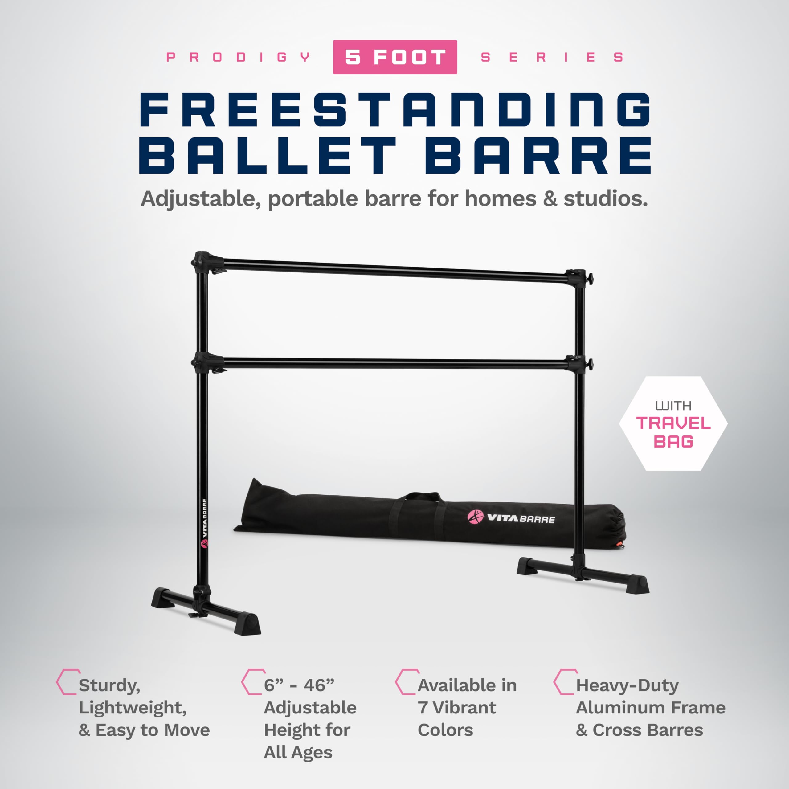 VITA Barre Portable Freestanding Double Ballet Barre, Prodigy, 5 Ft Bars, Black, with Bag | Adjustable Height, USA Made, Home or Gym Exercise Equipment for Kids & Adults | Dance, Fitness, Pilates