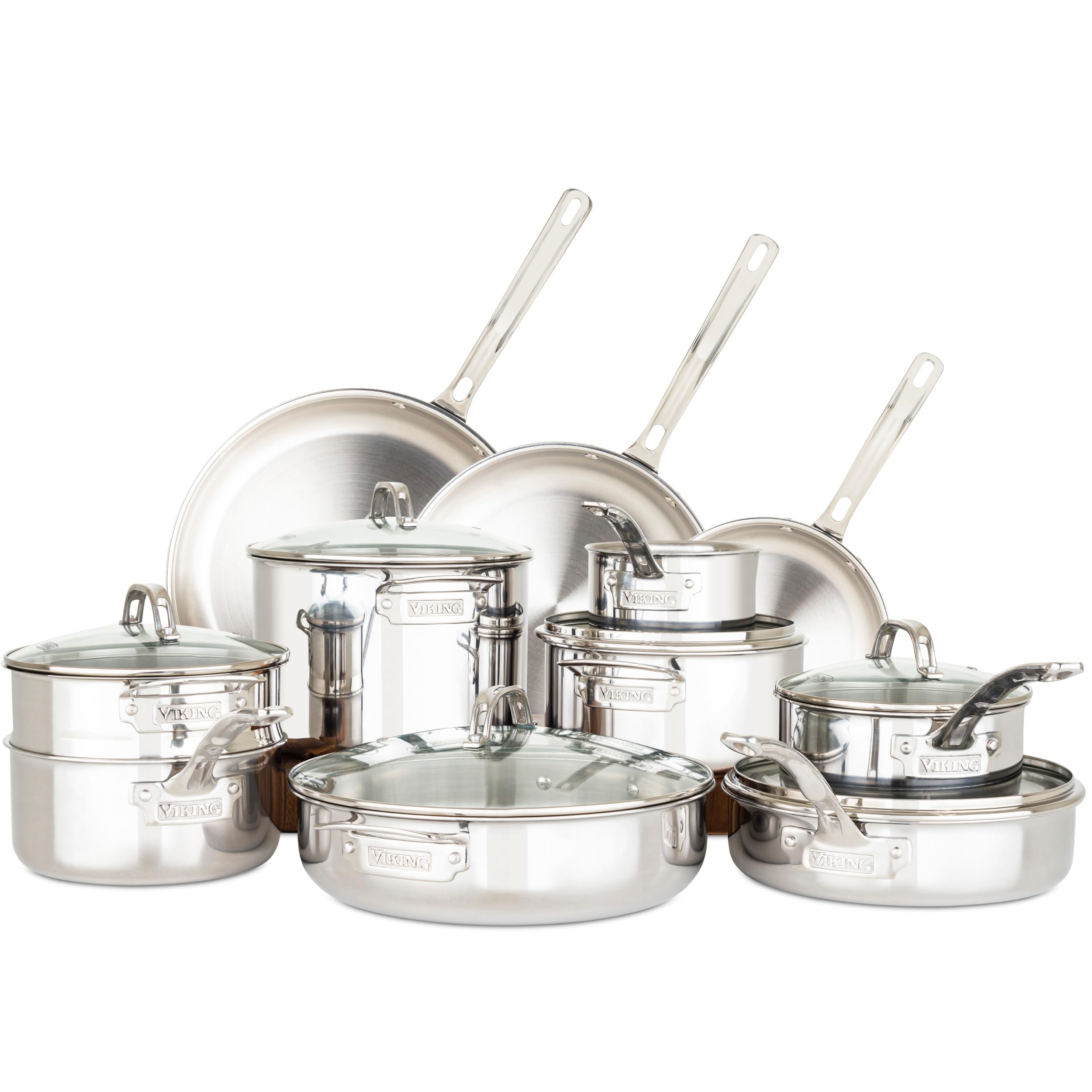 Viking 3-Ply Pots and Pans Set, 17 Piece Stainless Steel Cookware Glass Lids, Steamer Insert, Silver