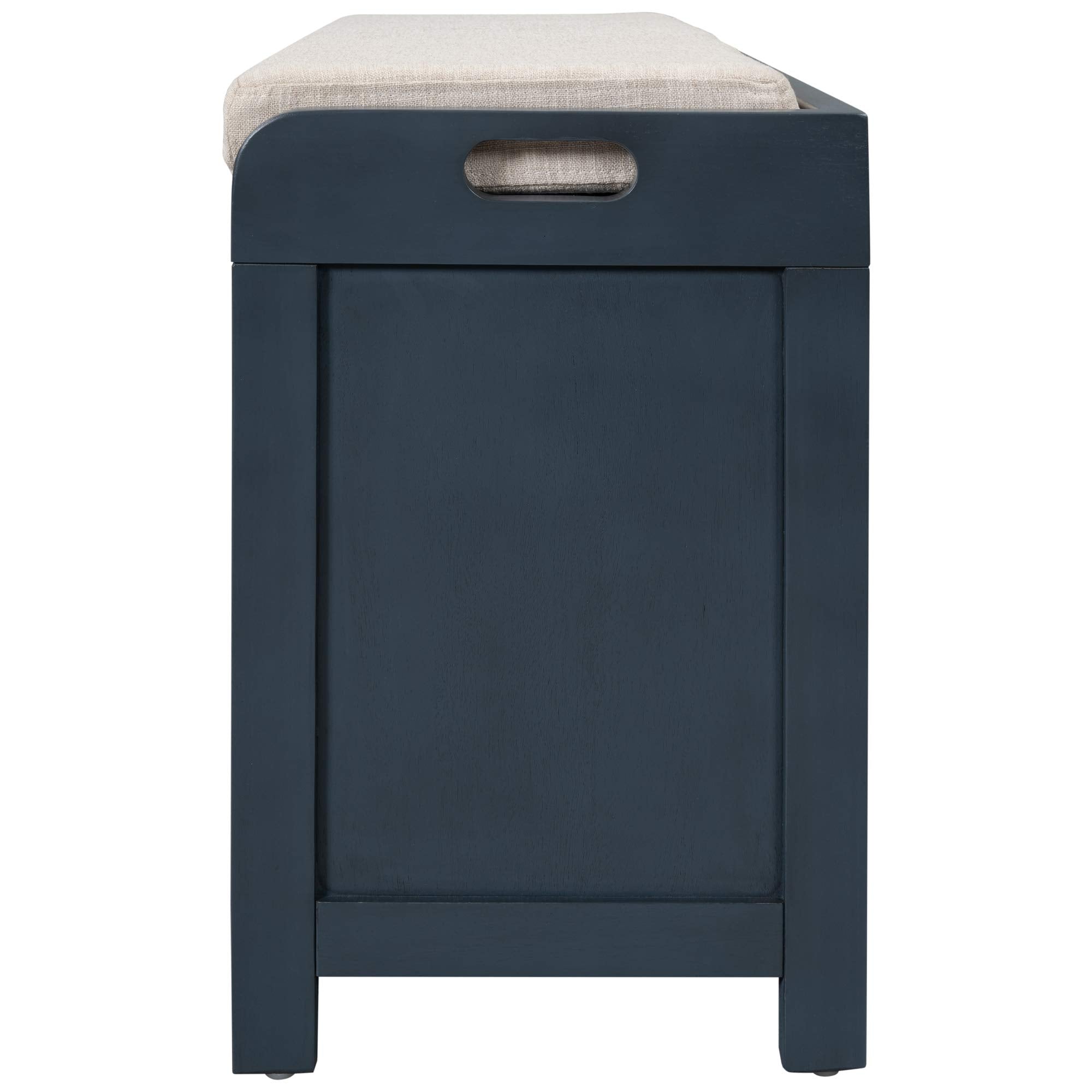 GDFStudio 2-Tier Shoe Storage Bench with Removable Basket & 2 Drawers, Farmhouse Entryway Shoe Organizer Bench with Upholstered Cushion, Wood Entry Bench Fully Assembled for Hallway Living Room, Navy