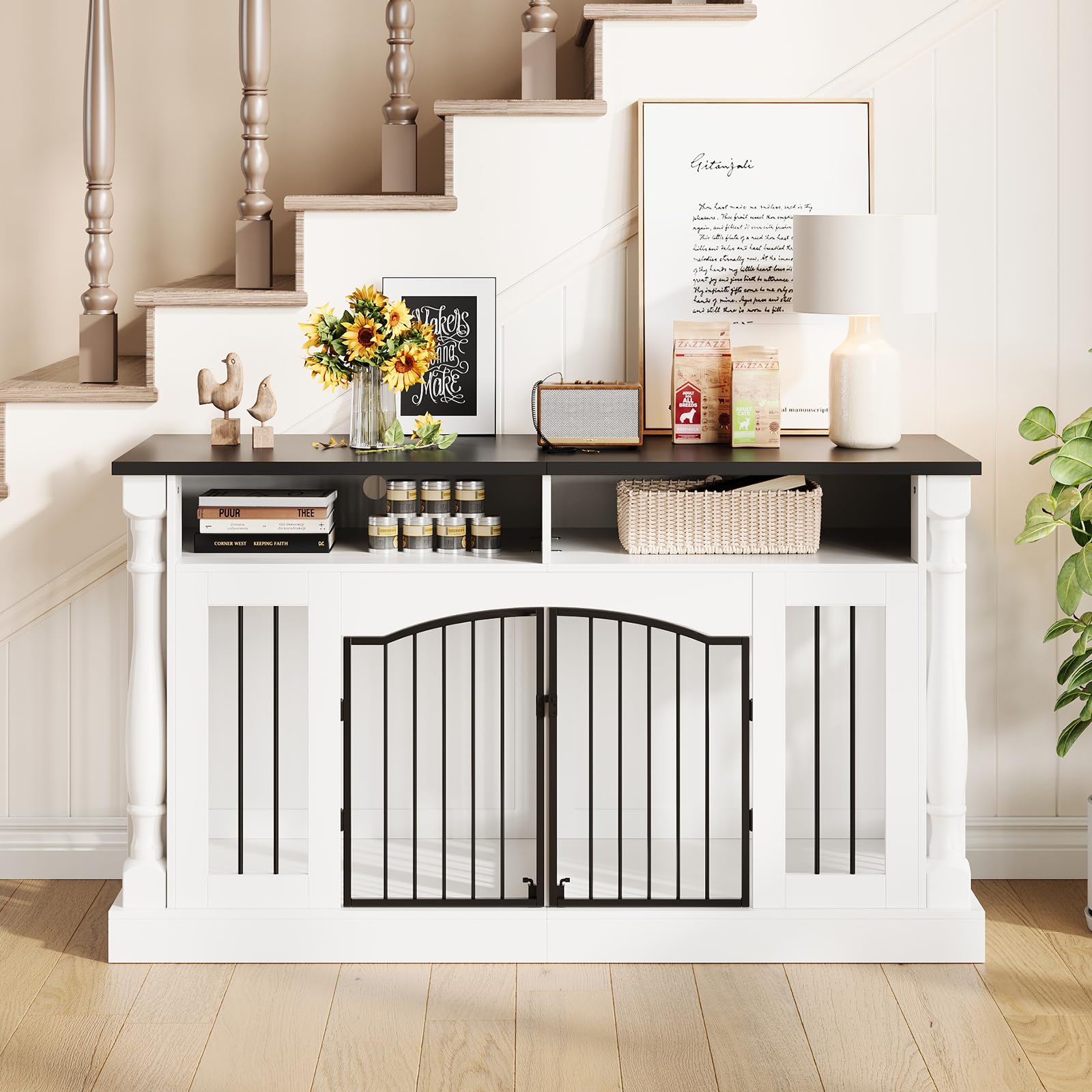 63 Inch Double Dog Crate TV Stand, Heavy Duty Wooden Dog Crate Furniture for 2 Dogs, Dog Kennel Indoor Furniture Ideal for 2 Dogs