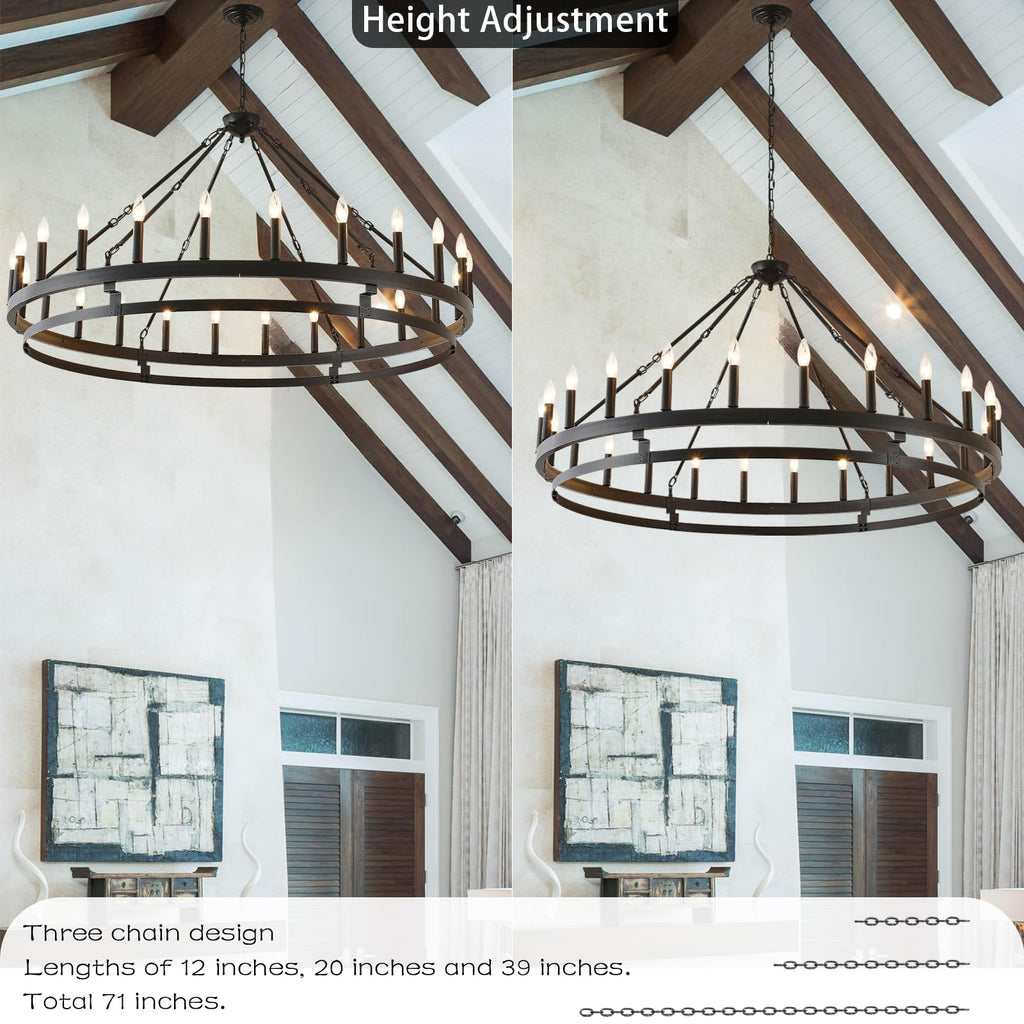 JKLX 53 inch Large Black Wagon Wheel Chandelier,Farmhouse Industrial Country Style Round Pendant Light Fixture,Round Ceiling Light fixtures for Outdoor Porch high Ceilings Living Foyer Entryway