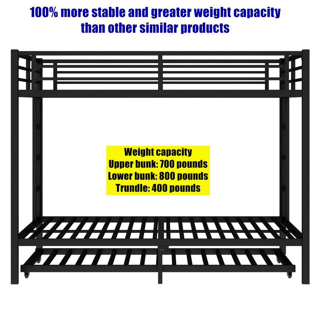 TIHWOALL Upgraded & Stronger Heavy Duty Metal Queen over Queen Bunk Bed with Twin Size Trundle, More Stable Safer Thickened Bunkbeds (Greater Weight Capacity) (Queen over Queen Bunk with Twin Trundle)