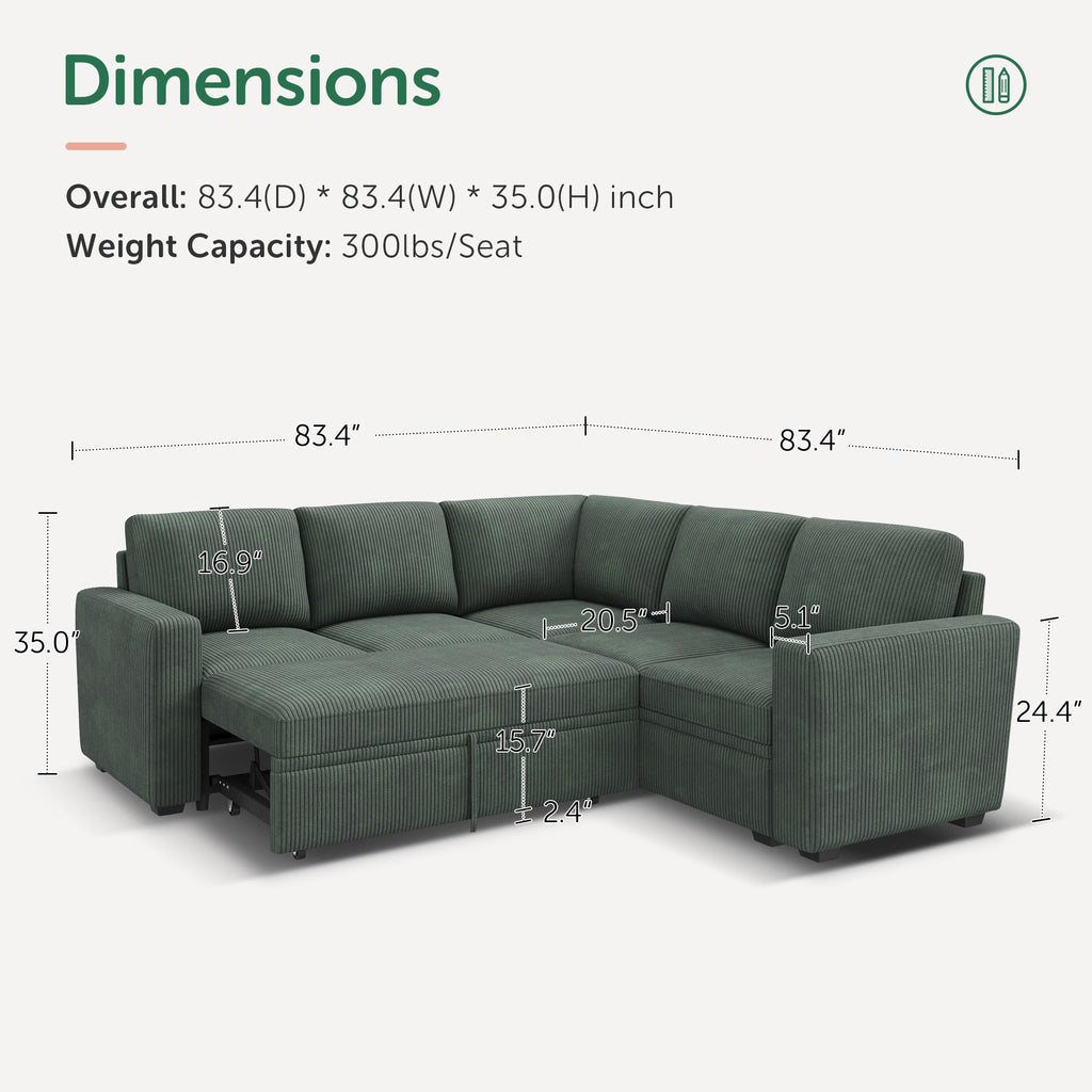 HONBAY Modular Sectional Sleeper Sofa with Pull Out Bed, Corduroy L Shaped Couch with Storage, Sectional Couches for Living Room, Green