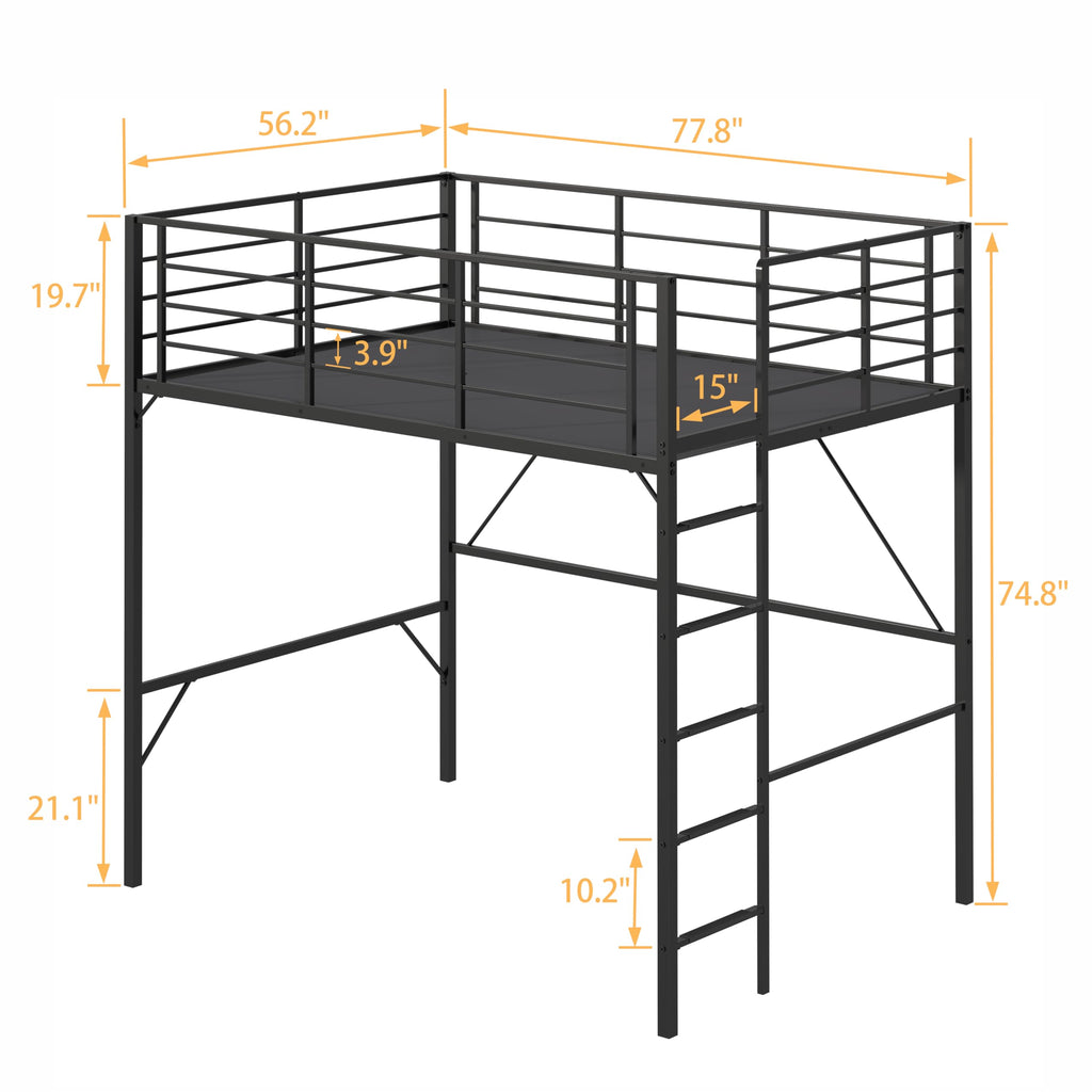 Realhotan 75Inch Full Loft Bed with Ladder and High Guardrail, No Box Spring Required,Space-Saving,No Sagging Metal Slat Support Heavy Duty Bedframe, Black