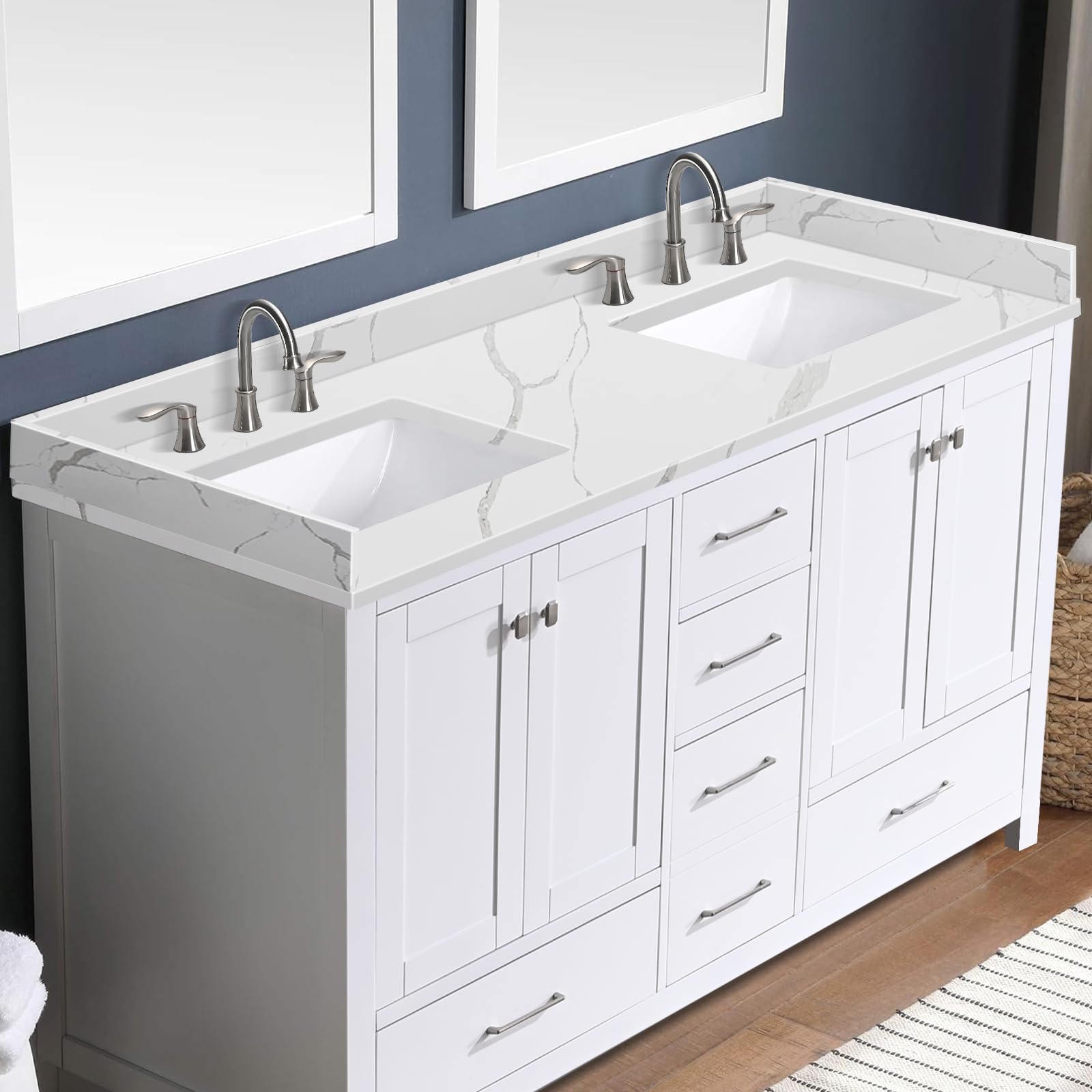 EQLOO 60 in.W x 22 in.D Quartz Calacatta River Vanity Top,with Undermount Double Sink Vanity Top,with Two Sidesplash & One Backsplash,8 Inch Faucet Hole Spread Bathroom Vanity Sink Countertop