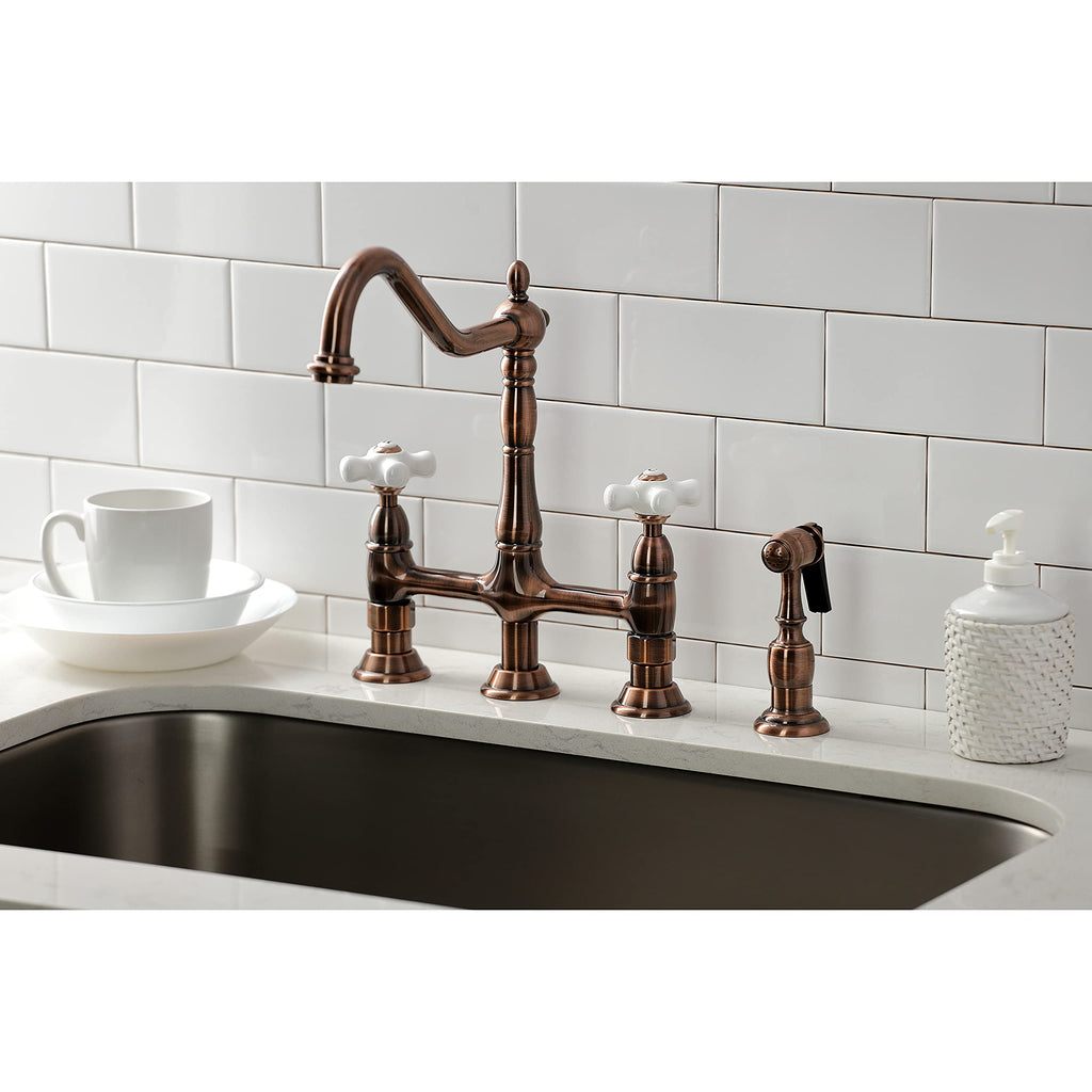 Kingston Brass KS127PXBSAC Heritage Bridge Kitchen Faucet with Brass Sprayer, Antique Copper