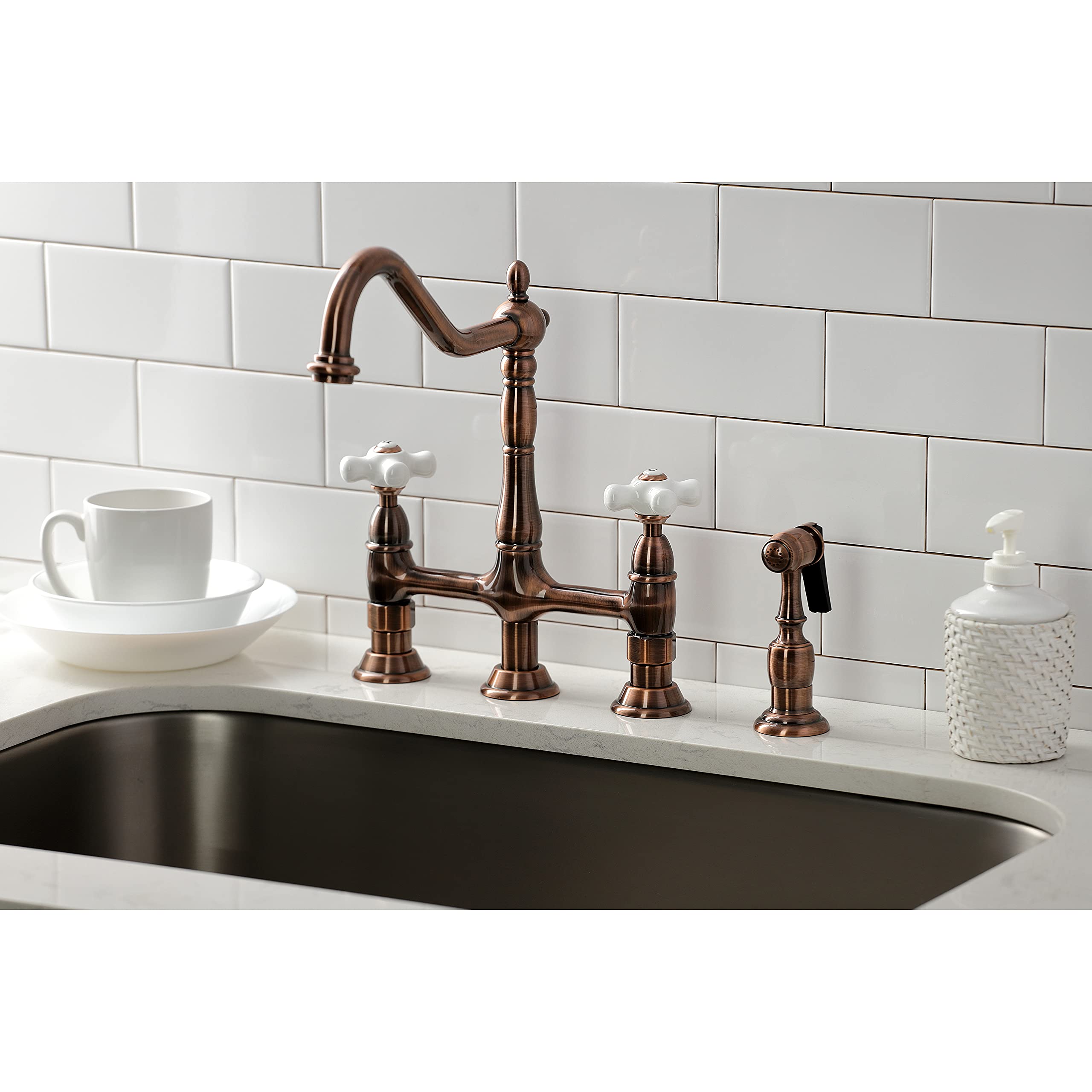 Kingston Brass KS127PXBSAC Heritage Bridge Kitchen Faucet with Brass Sprayer, Antique Copper