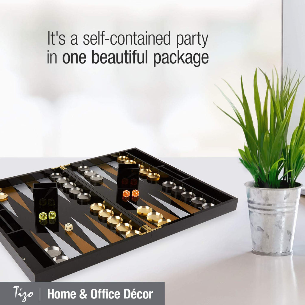 TIZO Elegant 18” Lucite Backgammon Set, Lucite Chips & Cups with Magnetic Closure, Elegant & Practical Boutique Quality Home Décor, Clear, Black & White
