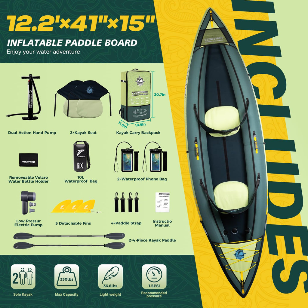 TIDETREK Inflatable Touring Kayak 1-Person & 2-Person with Waterproof Seat & Full Accessory Kit, Lightweight Recreational Kayak for Lake, River & Fishing (Jungle Trail, 2-Person(Tandem))