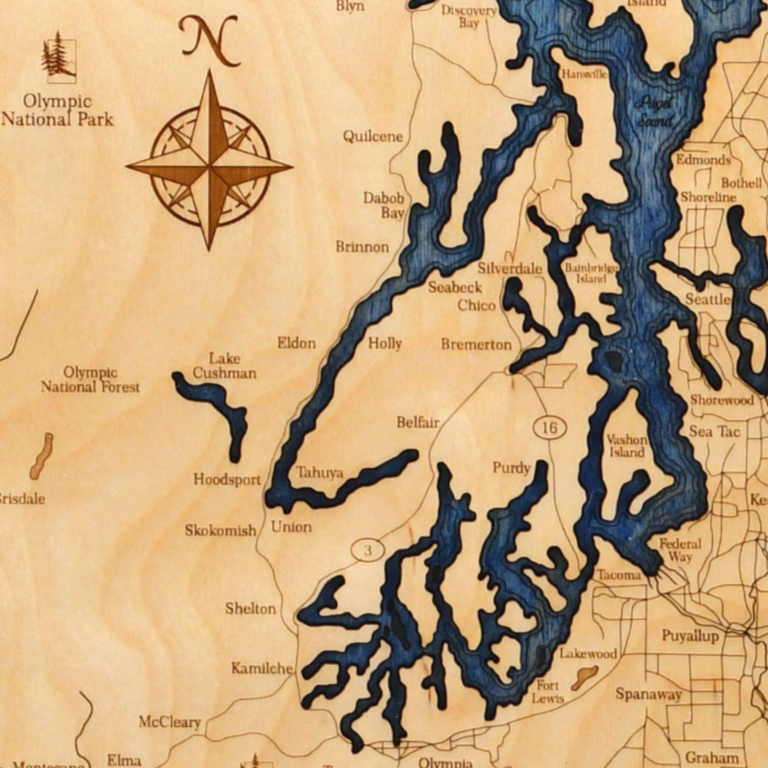 Sea & Soul Pacific Northwest Nautical Chart Art Serving Tray, Made in the USA, 3-D Nautical Wood Chart, 3D Wood Maps, Lake Art, Nautical Gift, 13.5"x 24" Serving Platter (Distressed Coffee/Deep Blue)