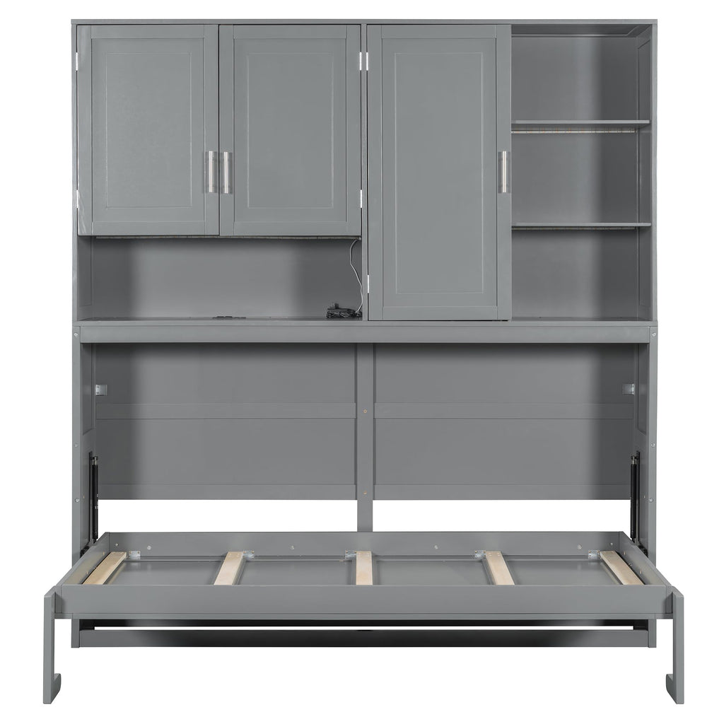 Ball & Cast Twin Size Murphy Bed,Foldable Wall Bed with Top Cabinet,Storage Shelves,Hidden Cabinet Bed Frame with Led Light and USB Port for Bedroom,Guest Room,Space Saving,No Box Spring Needed, Gray