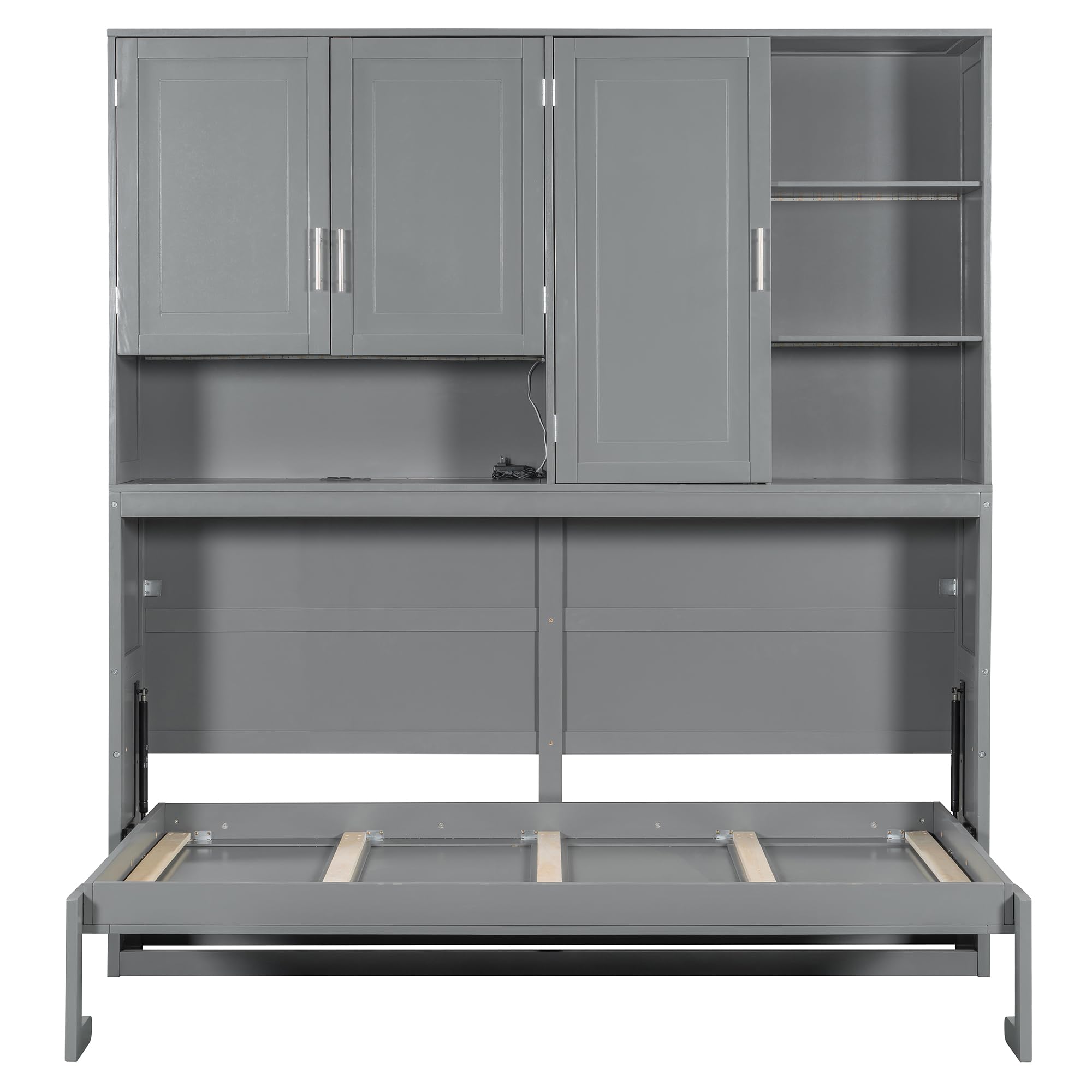 Ball & Cast Twin Size Murphy Bed,Foldable Wall Bed with Top Cabinet,Storage Shelves,Hidden Cabinet Bed Frame with Led Light and USB Port for Bedroom,Guest Room,Space Saving,No Box Spring Needed, Gray