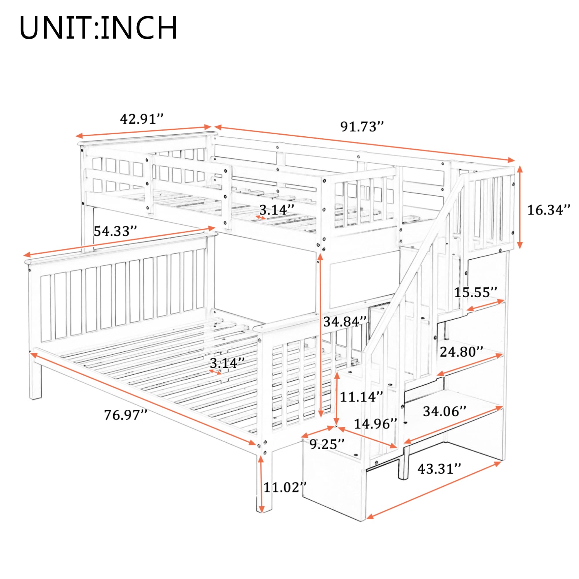 Stairway Bunk Beds Twin Over Full with 4-Step Stairs and Under-Step Storage Shelves, Gray