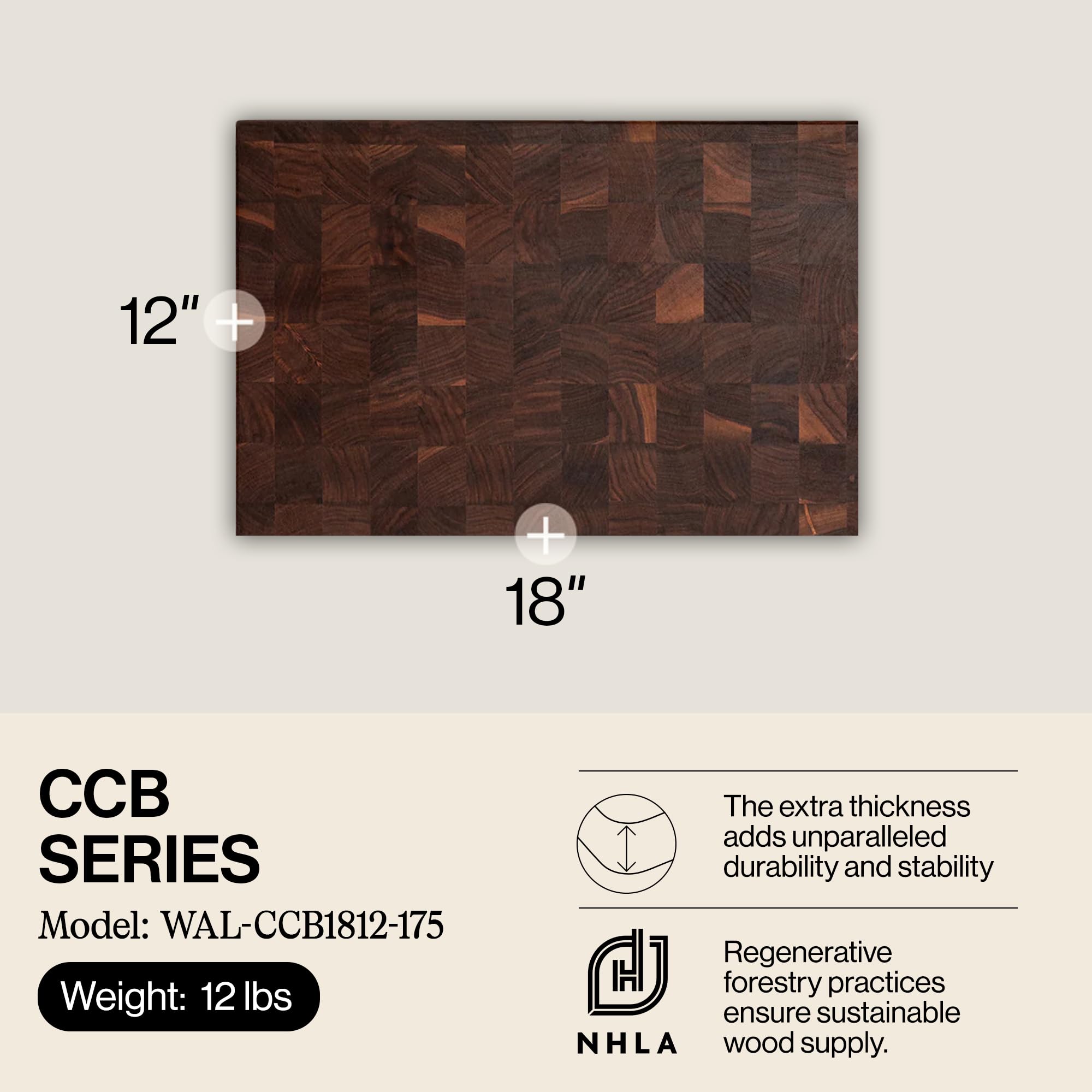 John Boos CCB Series Rectangular Wooden Walnut Cutting Board 18”x12” – 1.75” Thick, 12-lb Reversible Butcher Block with End-Grain & Finger Grips – Made in the USA