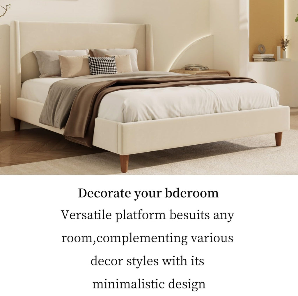 Merax Solid Wood King Size Velvet Bed Frame with Wingback Headboard, Modern Upholstered Platform with Walnut Wooden Legs, Strong Wooden Slats, No Box Spring Needed, Beige