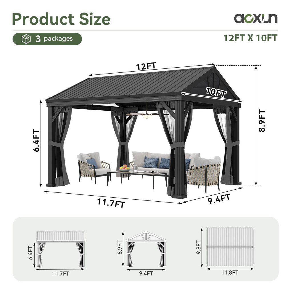 Aoxun 10' X 12' Single Hardtop Gazebo, Aoxun Outdoor Pavilion with Galvanized Steel Gable Roof, Fully Enclosed Netting Permanent Metal Gazebo Canopy for Patio Backyard Garden Deck
