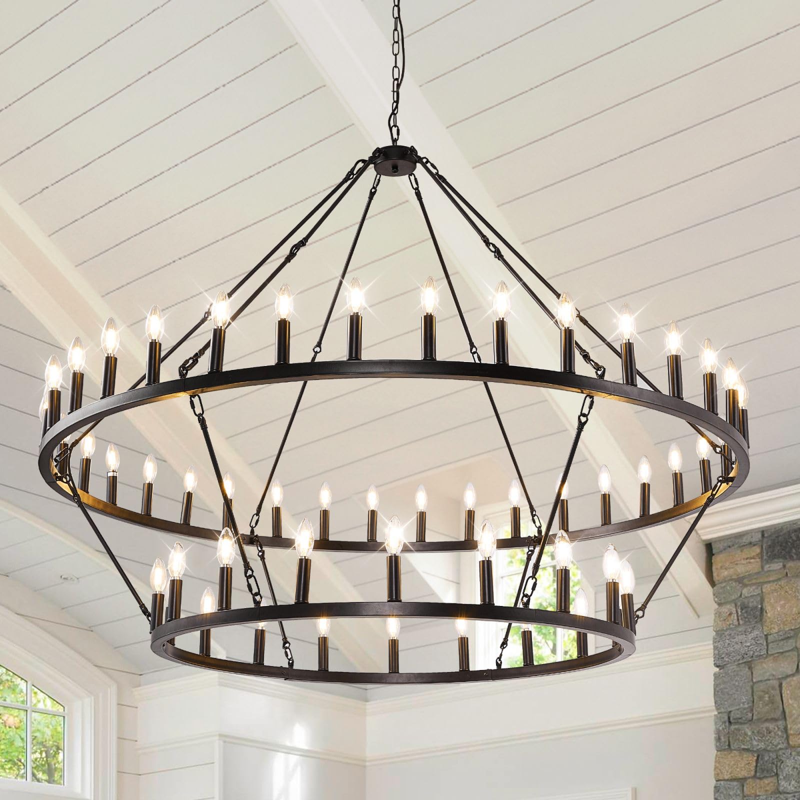 54-Lights 2 Tier Wagon Wheel Chandelier, 60" Large Chandeliers for High Ceilings, Round Black Chandeliers for Dining Room, Farmhouse Foyer Lighting Fixtures, for Living Room, Staircase, Entryway