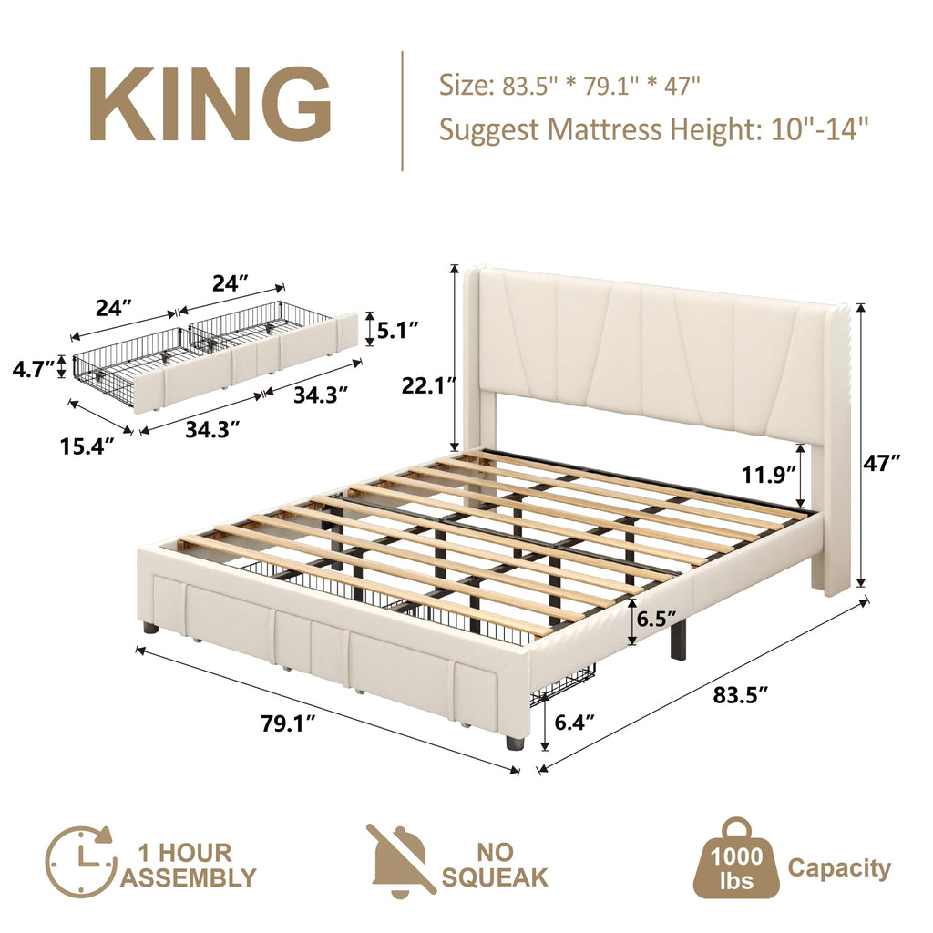 viplov King Bed Frame with Storage Drawers, Velvet Upholstered Platform Bed with 47" Tall Headboard and Wingboard, No Box Spring Needed, No Noise, Easy Assembly, Wooden Support Slats, Beige