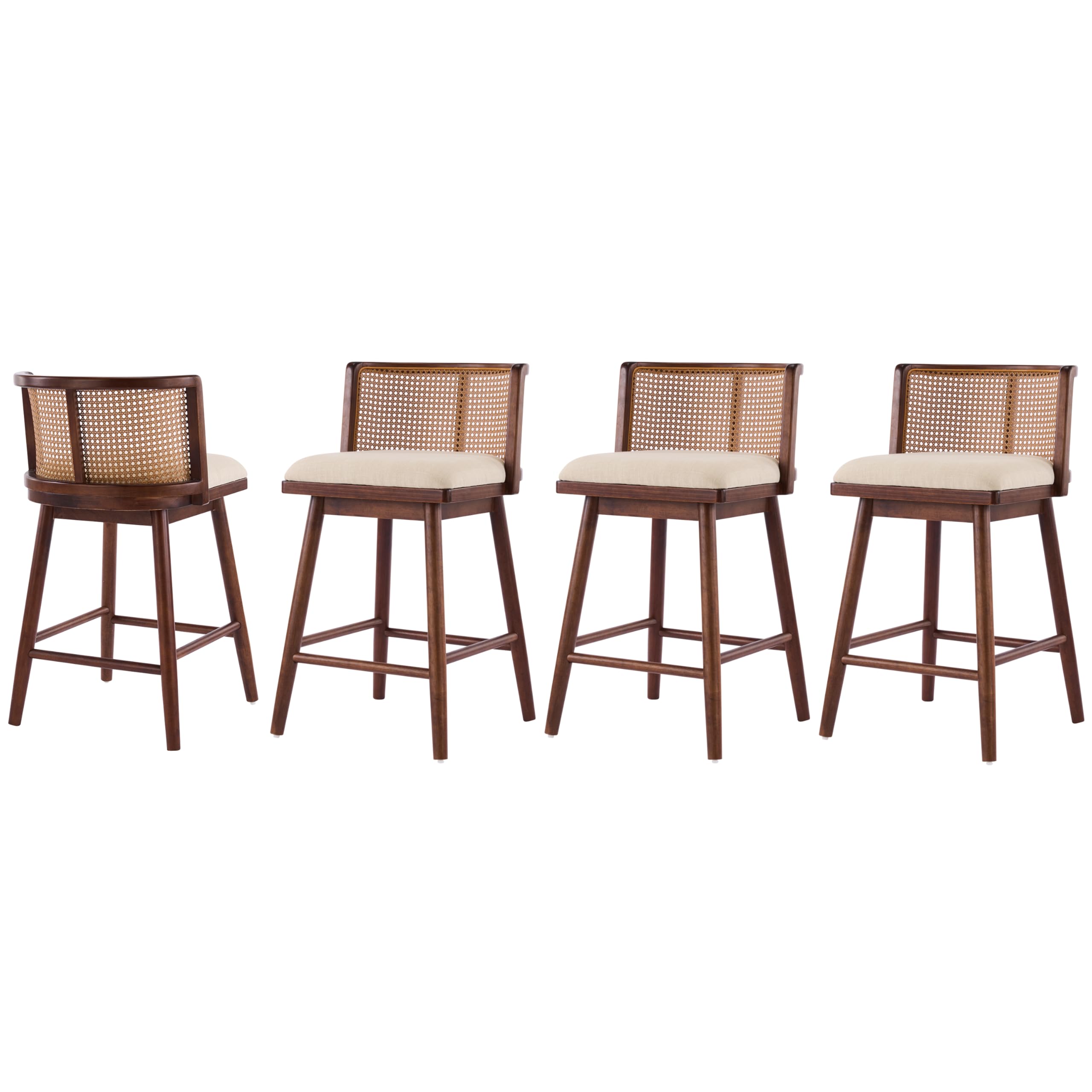 Christopher Knight Home Lious Counter Height Bar Stools Set of 4, Fabric Upholstered Bar Stool for Kitchen Island, Rubberwood Counter Stools with Woven Rattan Backrest, Beige + Dark Walnut