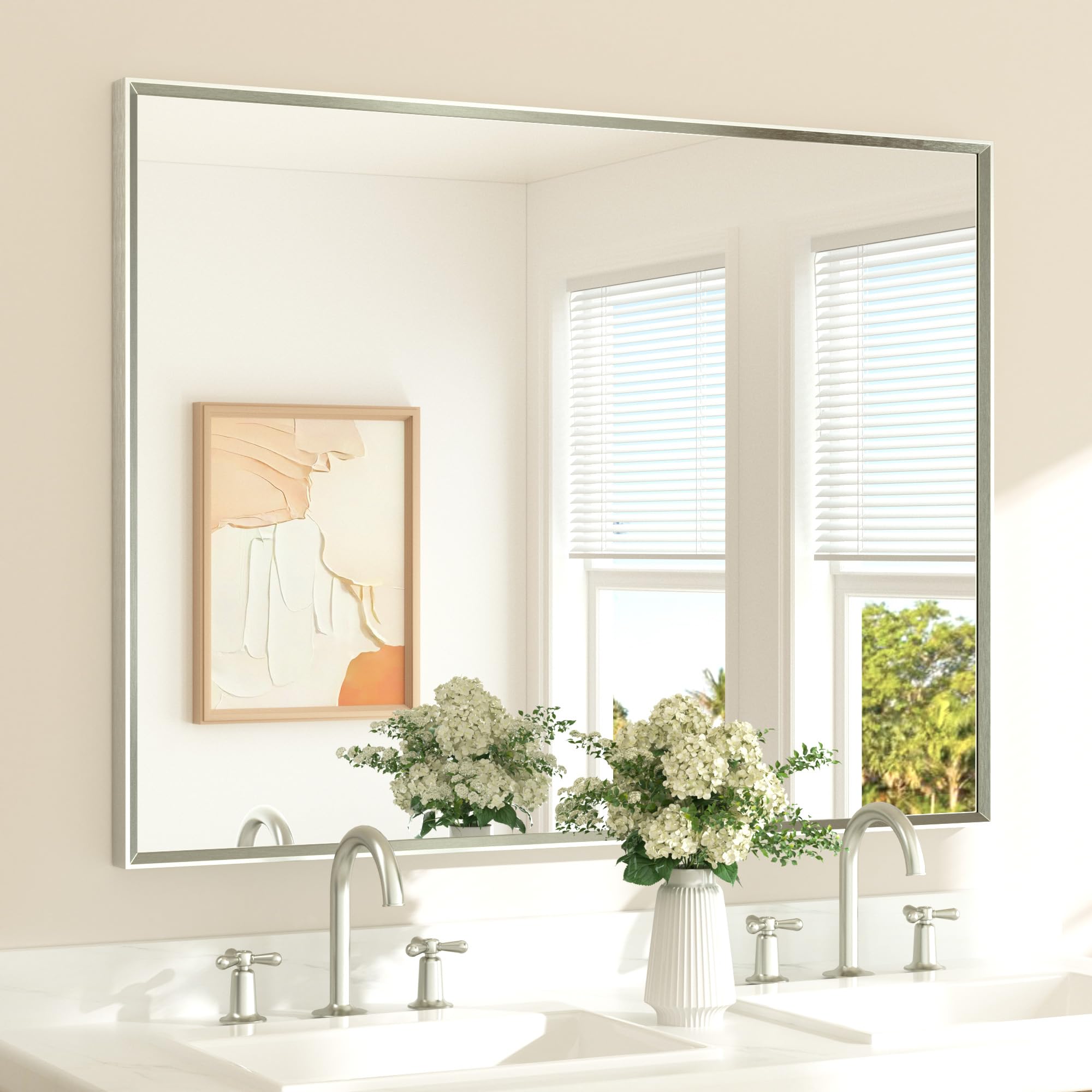 TETOTE Brushed Nickel Bathroom Vanity Mirror 48" x 36" Beveled Framed Bathroom Wall Mirror for Over Sink Brushed Nickel, Tempered Glass, Modern Farmhouse Bedroom, Entryway, Living Room