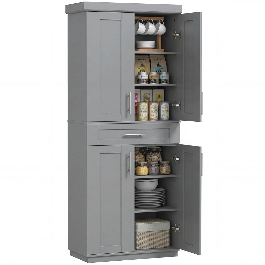 HOMCOM 72" Kitchen Pantry Cabinet, Freestanding Tall Storage Cabinet with 4 Doors, Drawer and 3 Adjustable Shelves for Dining Room, Gray