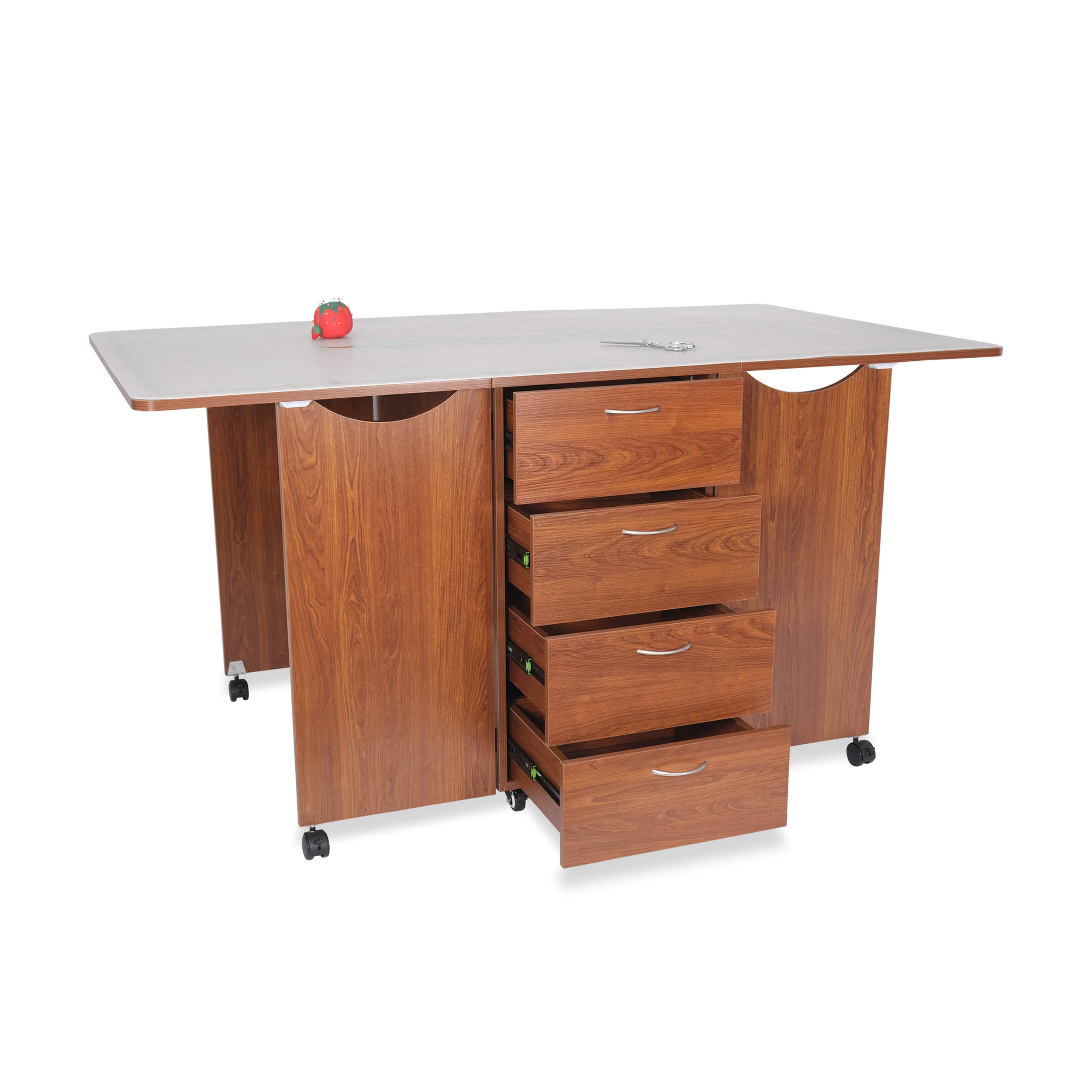 Kangaroo Kookaburra Cutting Table – Large Sewing, Quilting & Craft Workstation with Expandable 70” x 40” Surface, Storage Drawers, Shelves & Rolling Locking Casters, Teak Finish