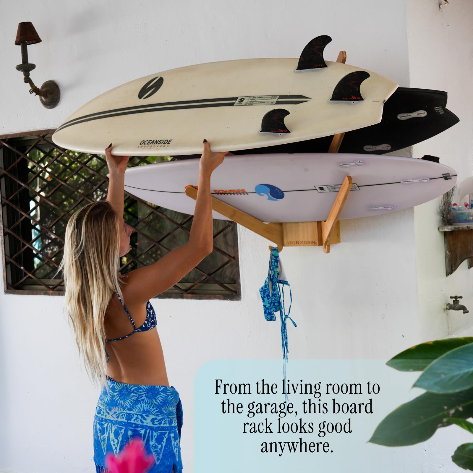 LISS The Sun Rack - Premium Wood Surfboard Wall Mount Rack Display, Ski, Snowboard Holder for 3 Boards for Garage & Home Storage with Built-In Drawer & Hooks for Longboards Shortboards, Wakeboards