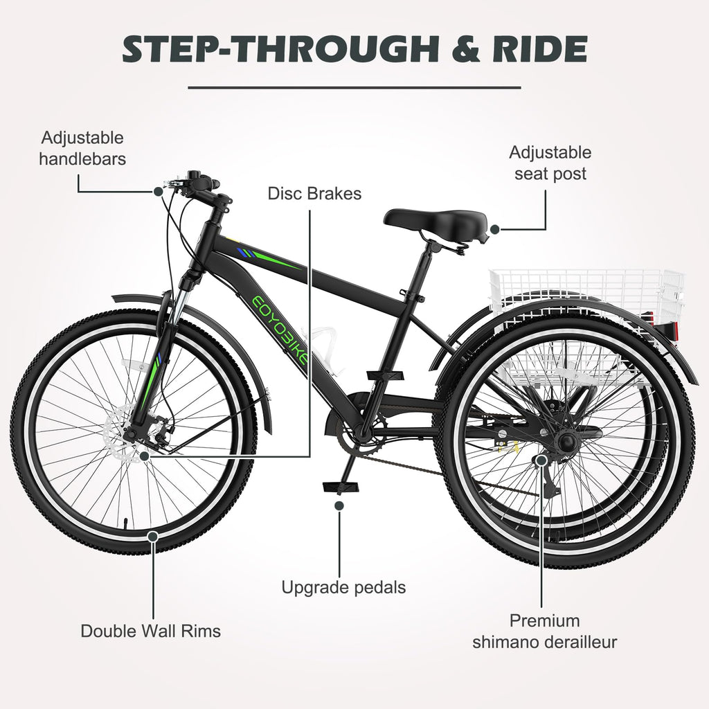 H&ZT Adult Tricycle, 3 Wheeled Bike, Trike Cruiser Bike, with 7-Speed Gear, Parking Brake Handle, Low Step, Large Rear Basket, Elderly Friendly, for Men, Women, and Teens