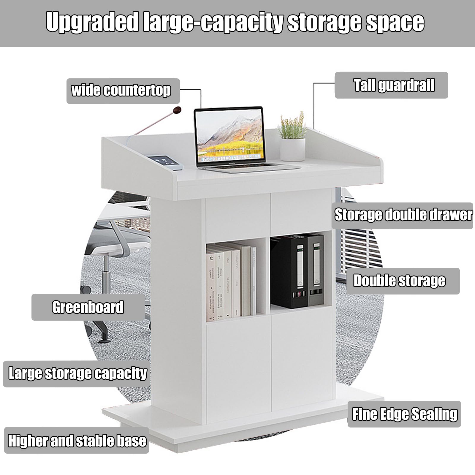 Lectern Solid Wood Podiums Floor Standing Podiums Rolling Podium with Wheel Church Podium and Pulpits Mobile Speaking Lectern with Wire Holes and Storage (White, 39.4″×19.68″×44″)