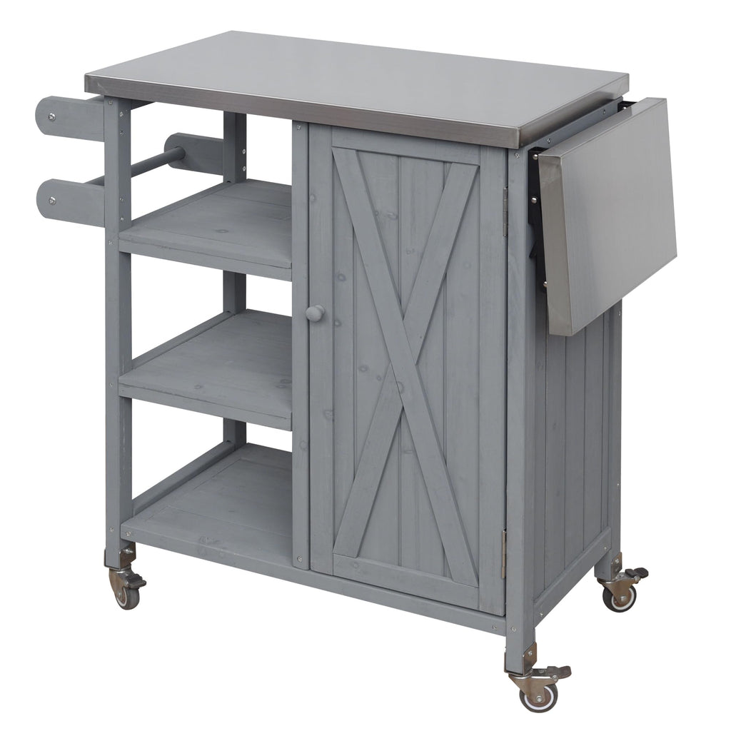 Foldable Outdoor Kitchen Island Cart with Stainless Steel Top, Rolling Grill Table with Storage Cabinet Shelves and Double Towel Rack, Wooden BBQ Prep Station with Lockable Wheels for Patio, Grey
