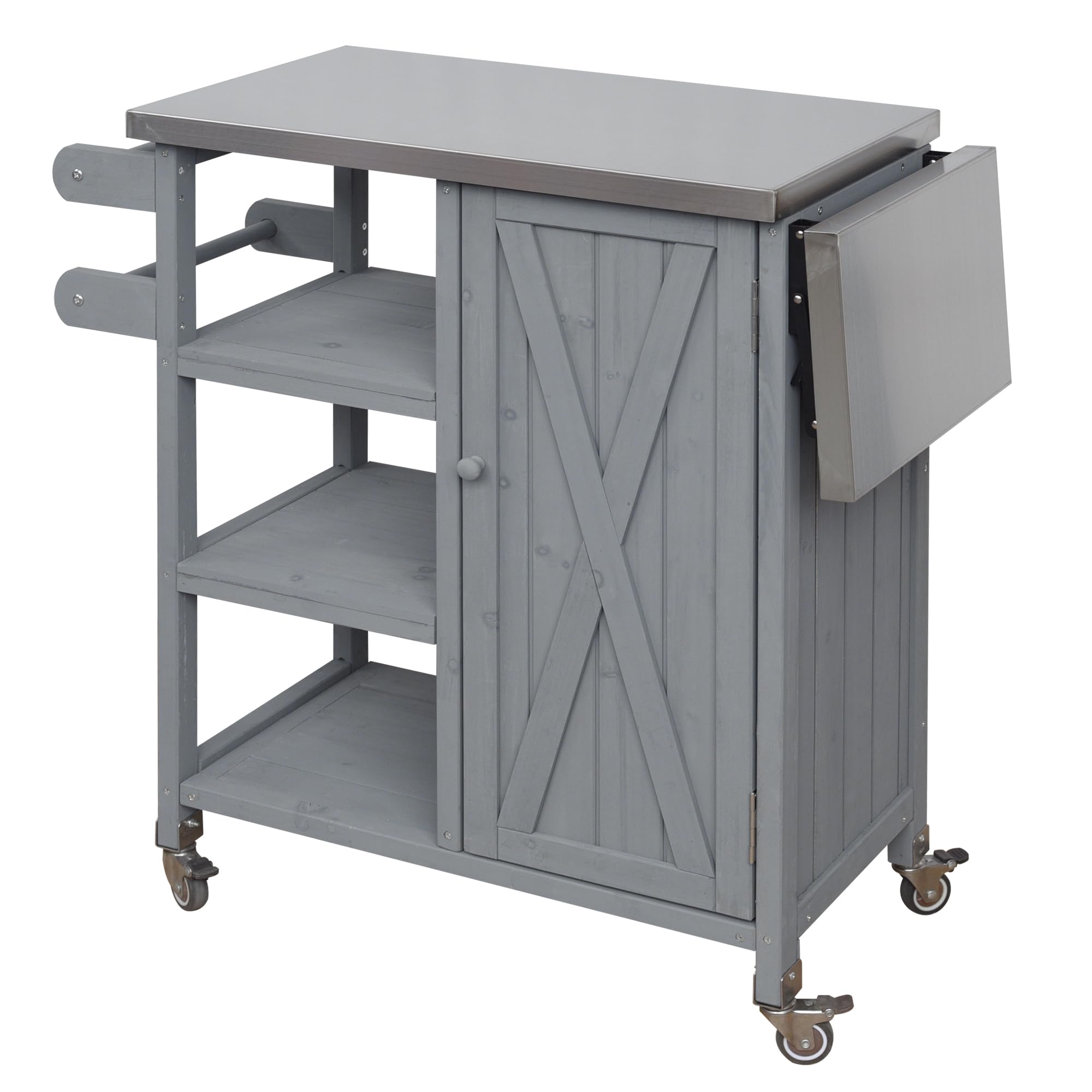 Foldable Outdoor Kitchen Island Cart with Stainless Steel Top, Rolling Grill Table with Storage Cabinet Shelves and Double Towel Rack, Wooden BBQ Prep Station with Lockable Wheels for Patio, Grey