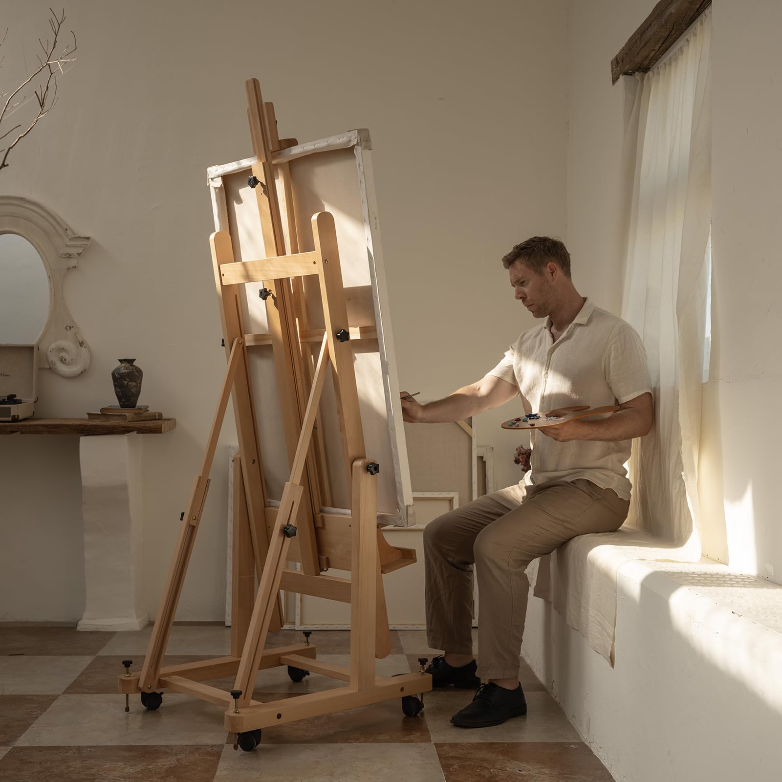 MEEDEN Enlarged Heavy-Duty H-Frame Easel: Artist Solid Beech Wooden Studio Easel - Professional Painting Art Easel Stand with 4 Lockable Wheels & Leveling Bolts - Hold Canvas up to 86" H