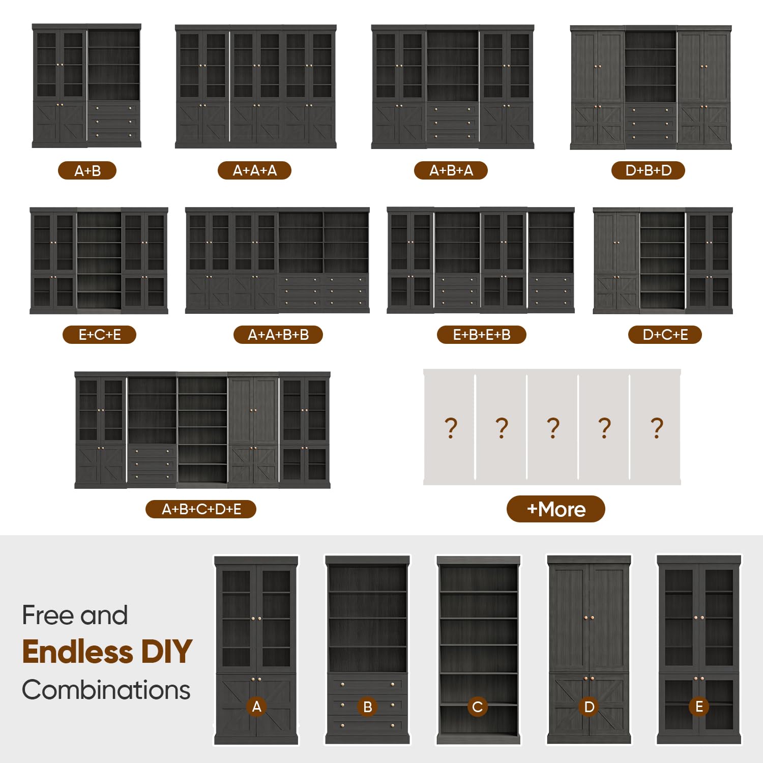 Lynsunix 70.8" Modular Bookshelf–Farmhouse Style, 6 Adjustable Tiers Shelves, Spacious Storage Cabinet for Home Office or Living Room, Black