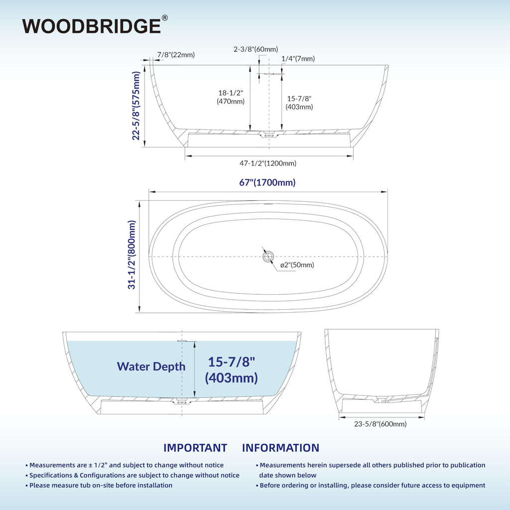 WOODBRIDGE 67" Marble-Pattern Stone Resin Freestanding Soaking Tub, Modern Oval Solid Surface Bathtub with Integrated Slotted Overflow & Drain, Matte Finish, CST0745