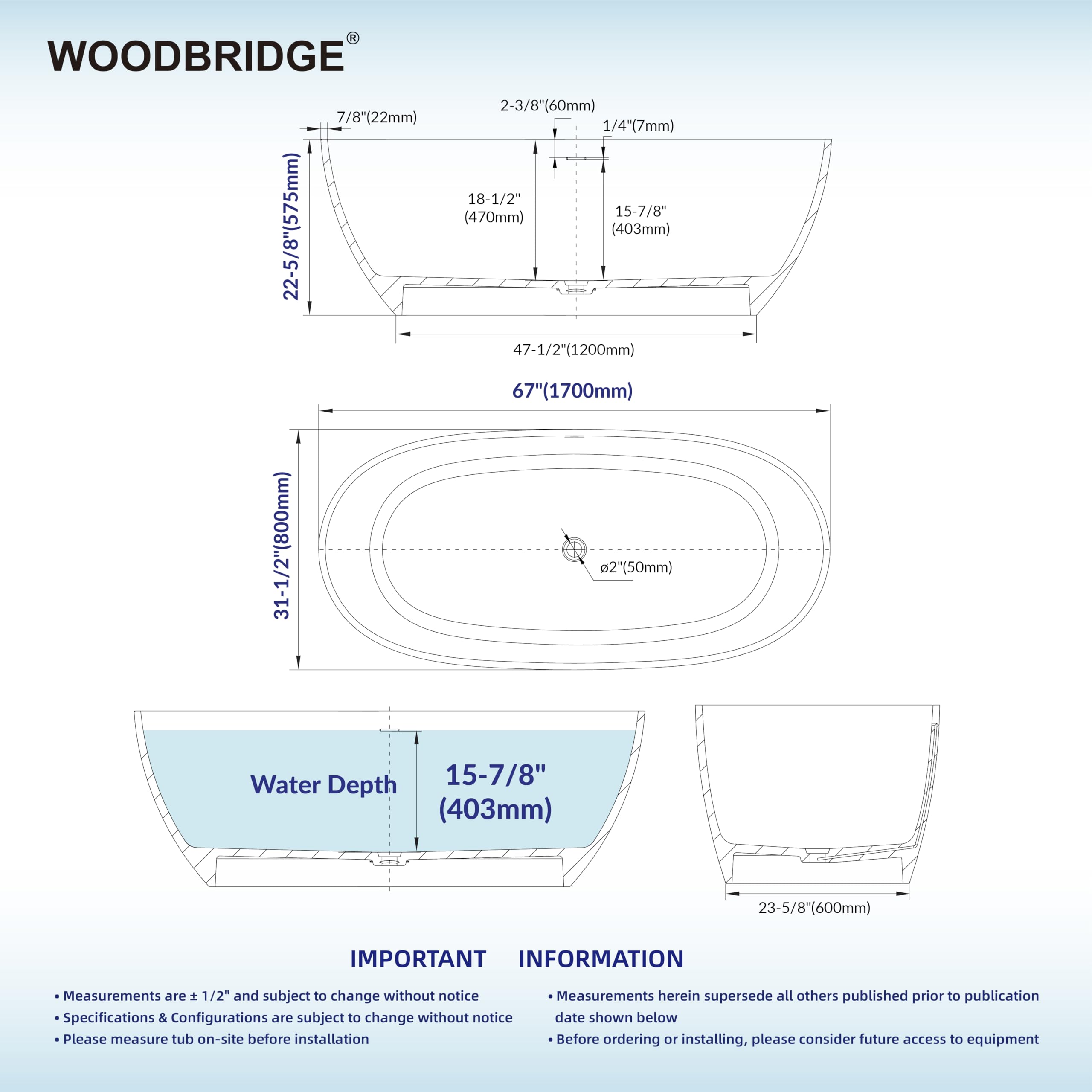 WOODBRIDGE 67" Marble-Pattern Stone Resin Freestanding Soaking Tub, Modern Oval Solid Surface Bathtub with Integrated Slotted Overflow & Drain, Matte Finish, CST0745