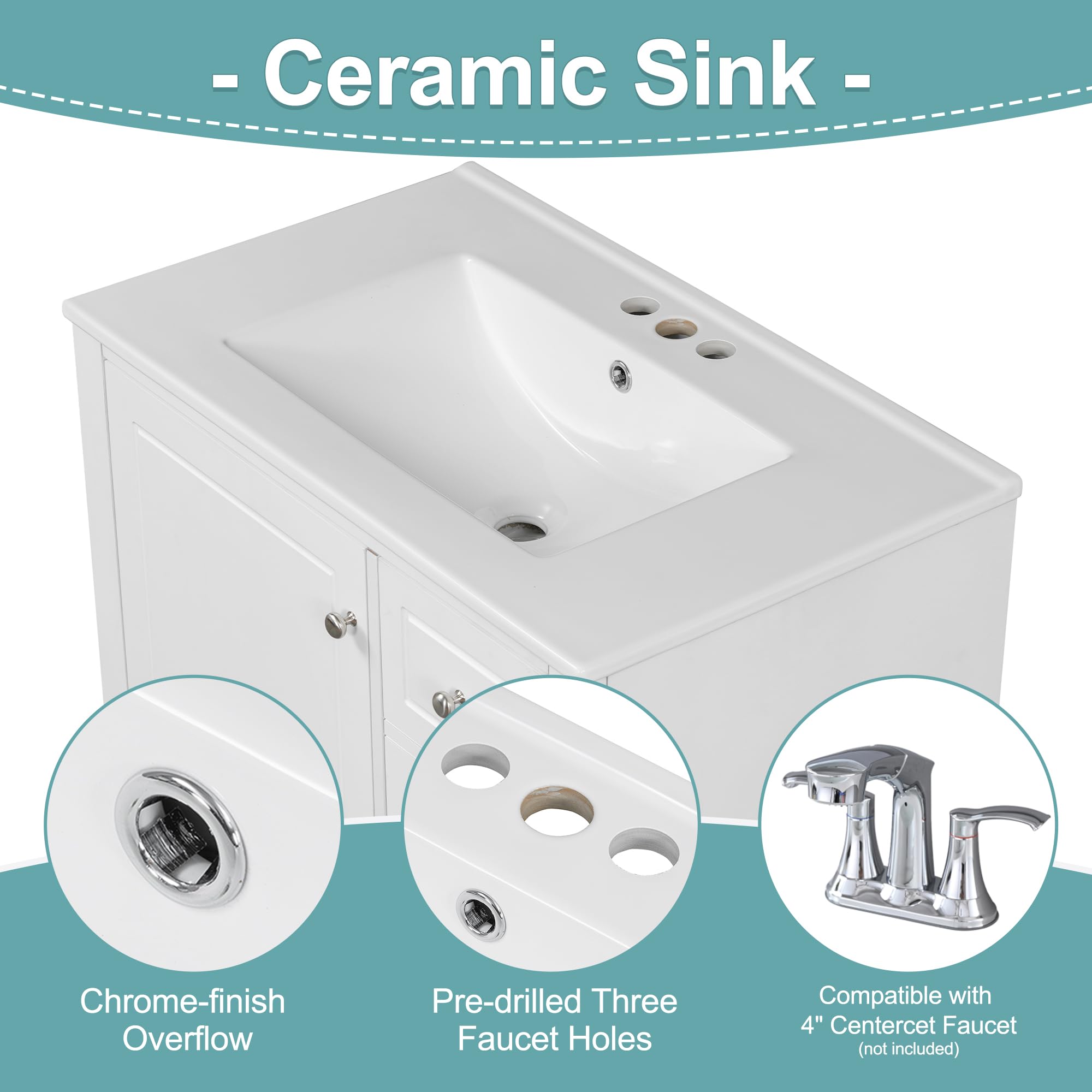 30" Bathroom Vanities with Ceramic Sink, Storage Cabinet with 3 Drawers and Door Shelf, Soft-Closing Door, Solid Wood Legs, White