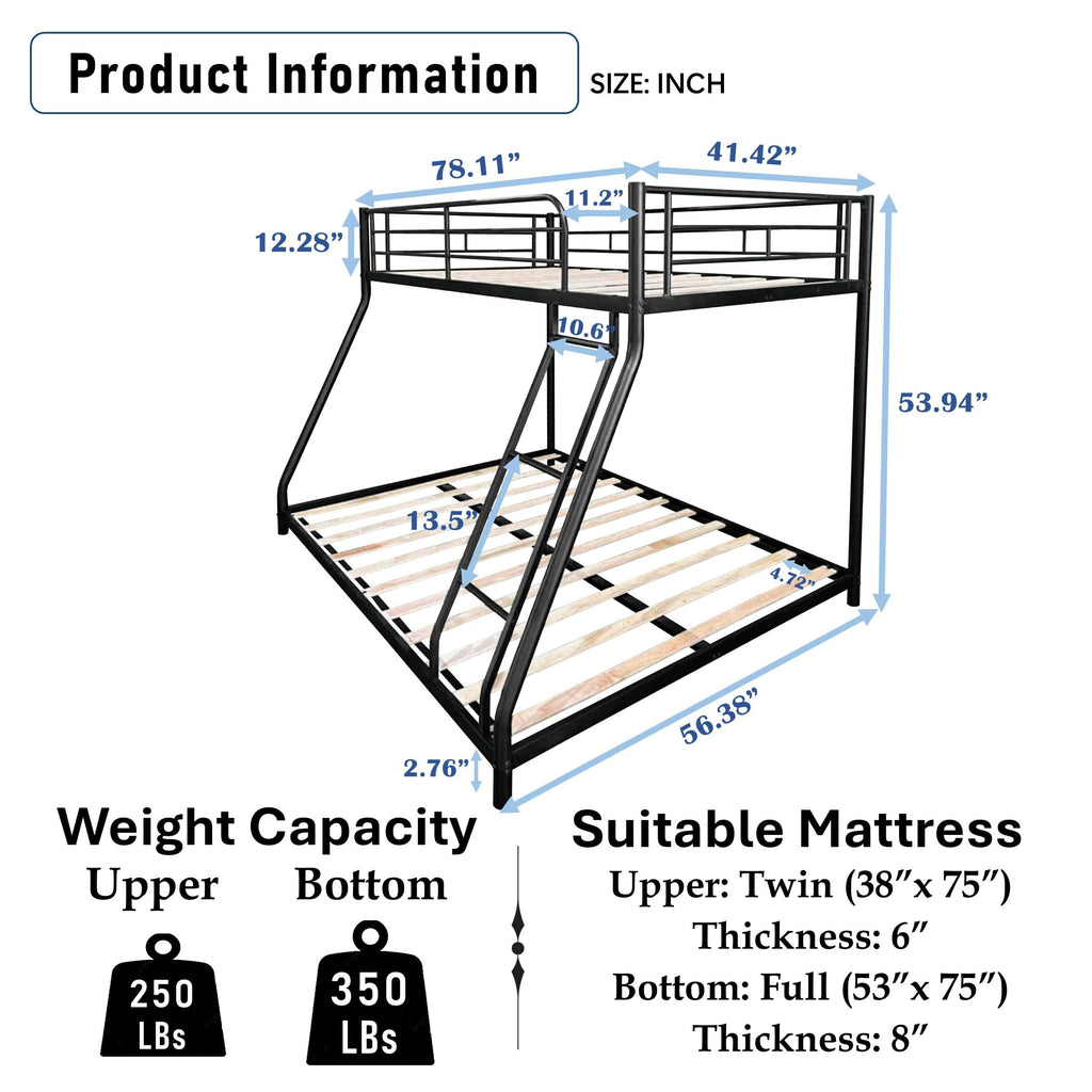 Bellemave Twin Over Full Bunk Bed with Wood Slat, Heavy Duty Metal Bunk Bed Frame for Adults, Adult bunk beds, Black