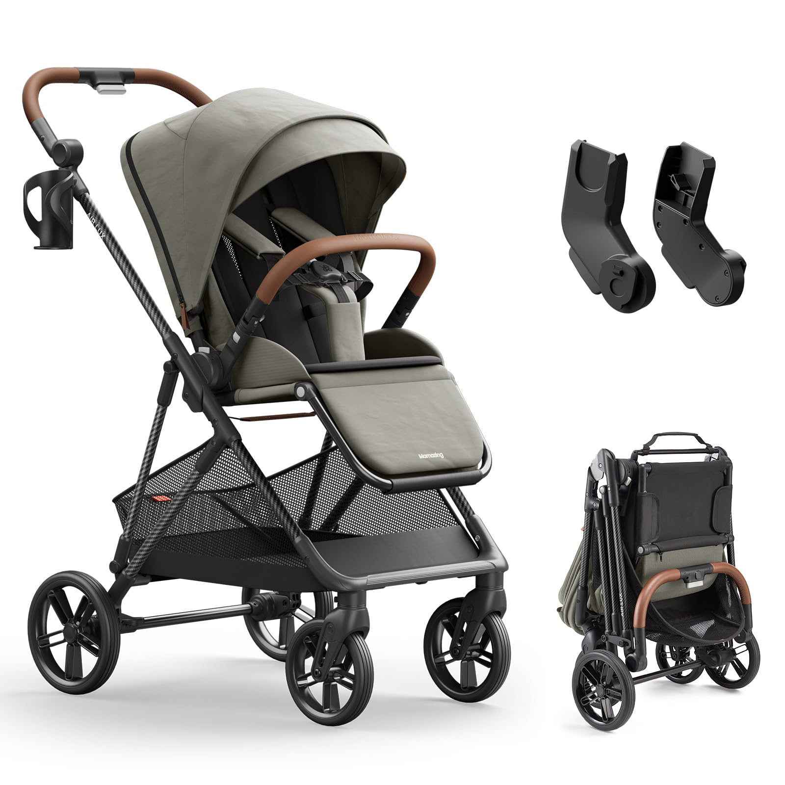 MAMAZING Air Lux Baby Stroller, Carbon Fiber Frame Only 15.8lbs, Compact Fold Toddler Stroller with Reversible Seat with Infant Insert, Included UPF 50+ Canopy, Large Storage Basket & Car Seat Adapter