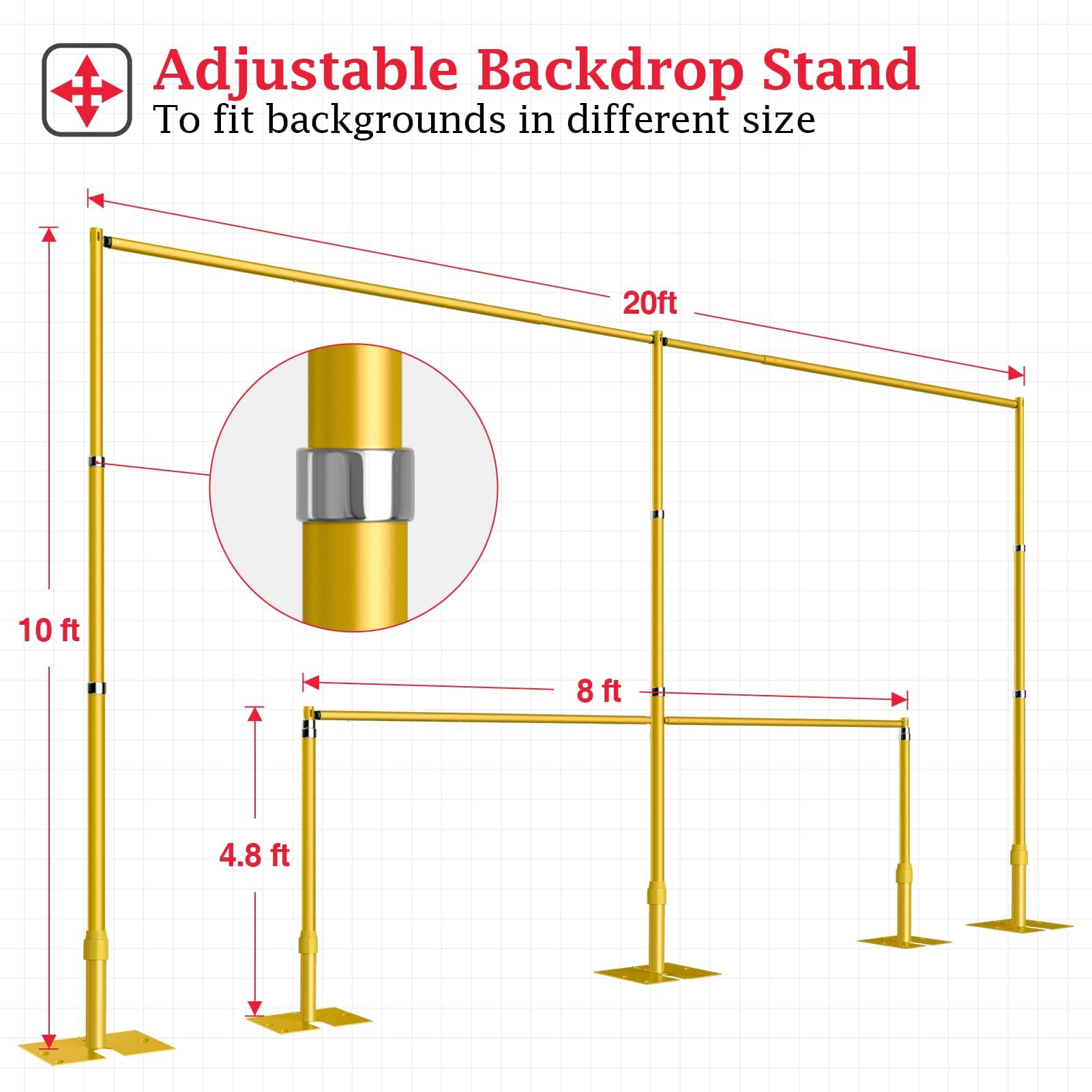 EMART Backdrop Stand Heavy Duty 10ftx20ft, Adjustable Pipe and Drape Photo Background Support Kit, Metal Frame with Flat Base for Wedding Birthday Party Banquet Decorations-Gold